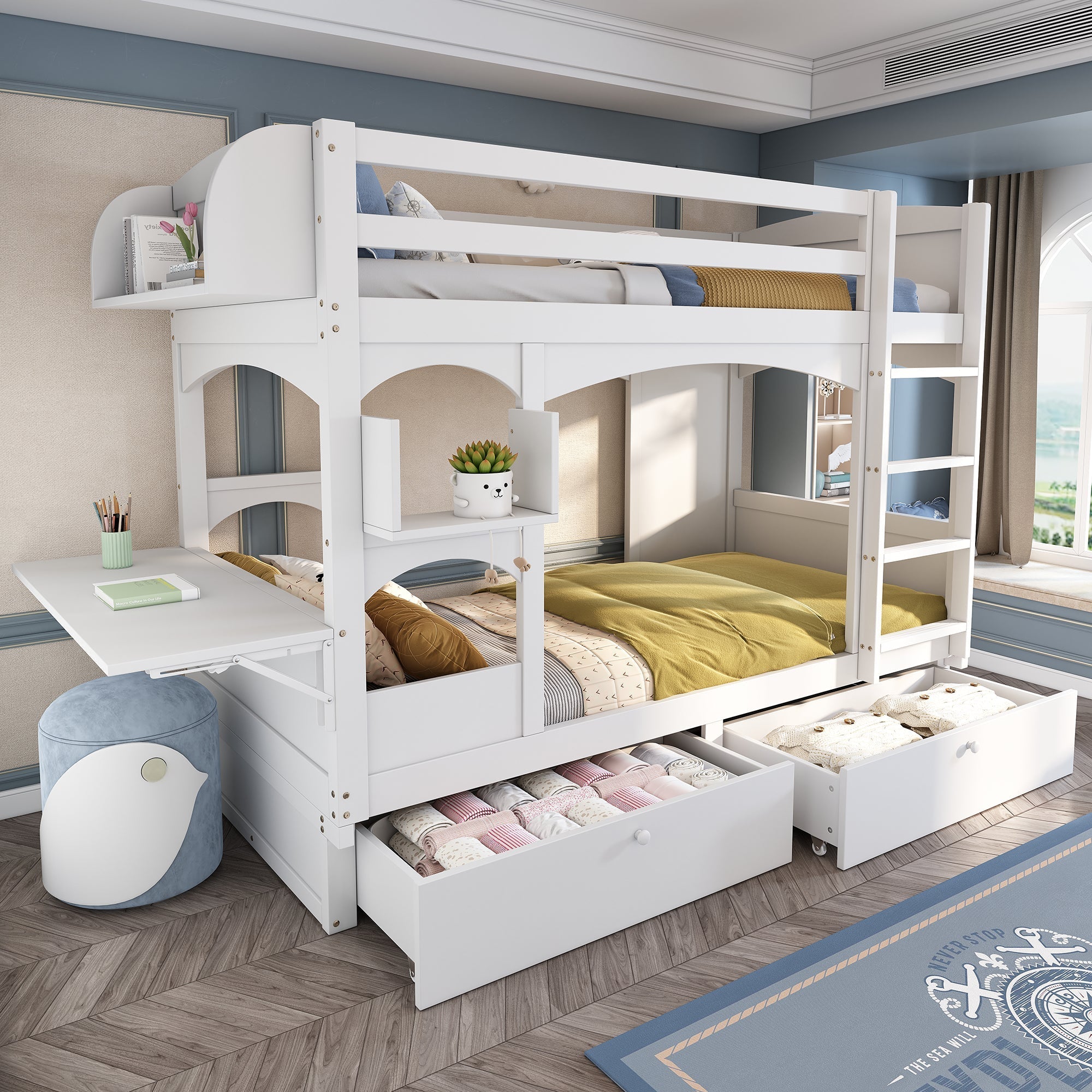 Children's Bunk Bed Multifunctional Double Bed with Desk, Shelf, 2 Drawers, Solid Wood White