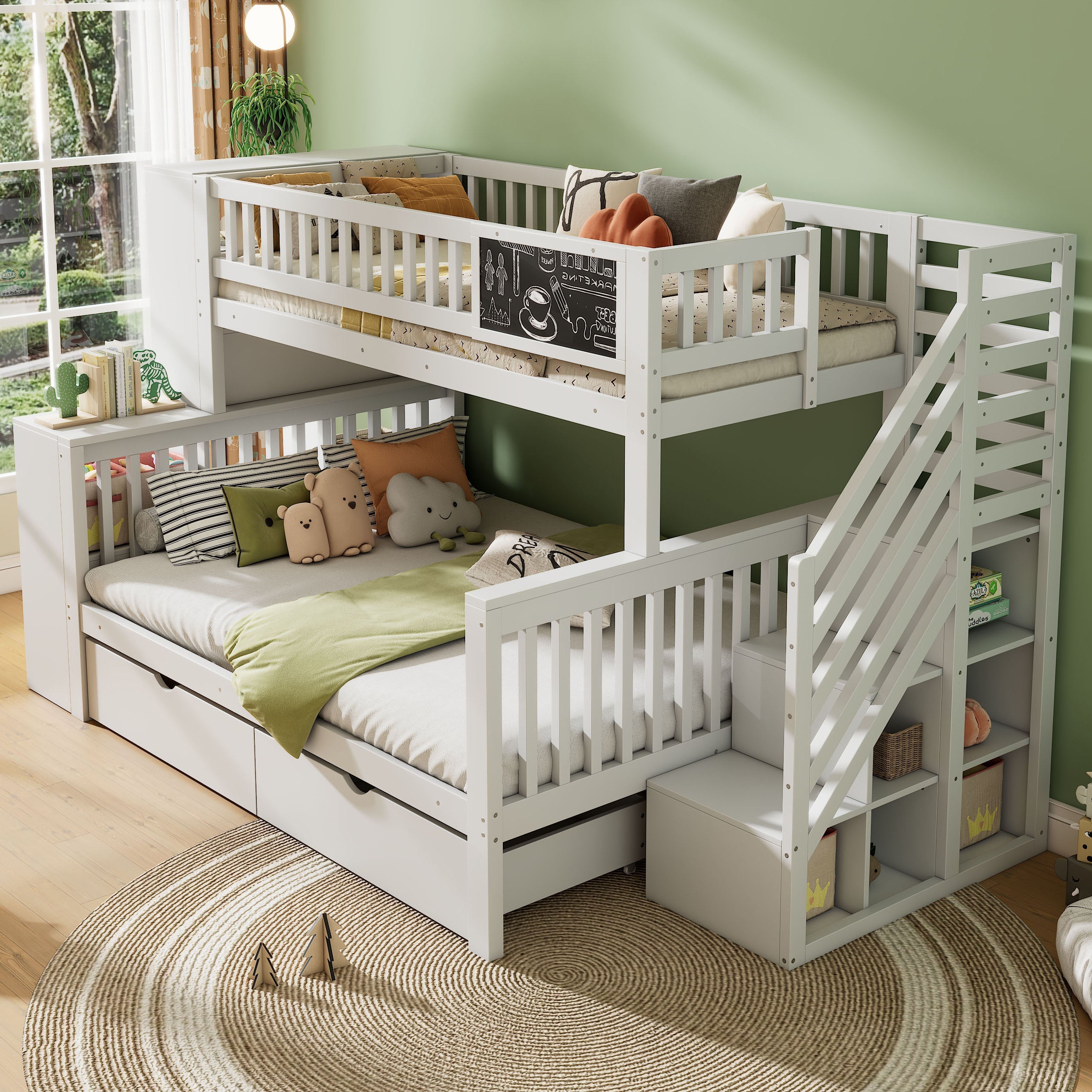 House Bunk Bed Multifunctional Graffiti Board Stairs Storage Drawers 140x200 & 90x200 - White