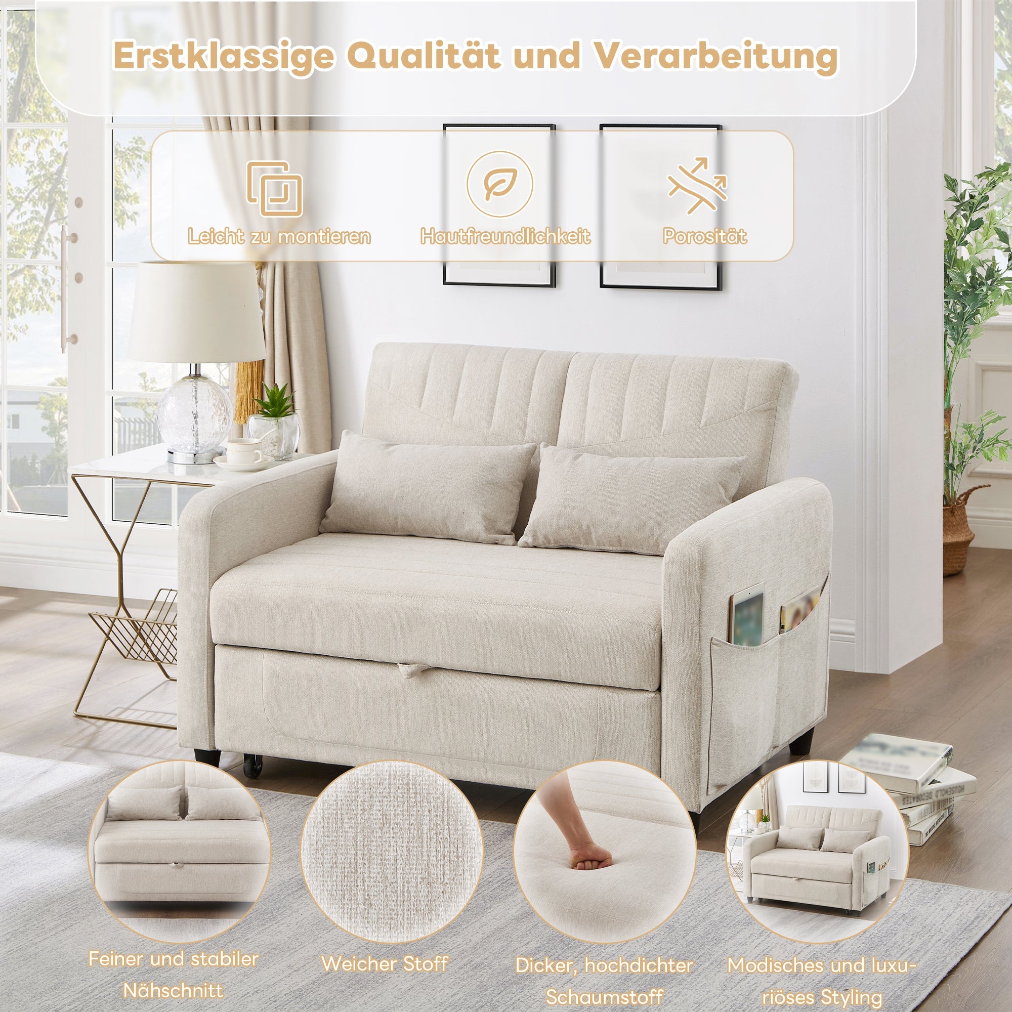 Sofa Bed, Two-seater Folding Extendable with Adjustable Backrest, Cotton Linen Fabric