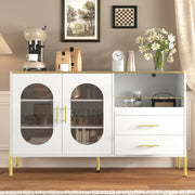 Sideboard Cabinet, 2 Drawers 2 Glass Doors Modern, White Gold Accents