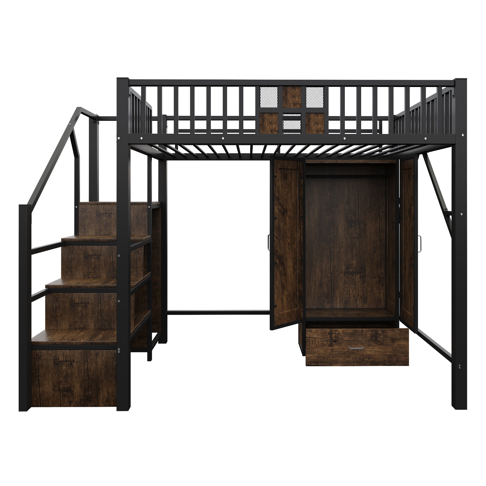High Loft Bed with Wardrobe, Storage Ladder and Metal Frame, Black Metal and Wood