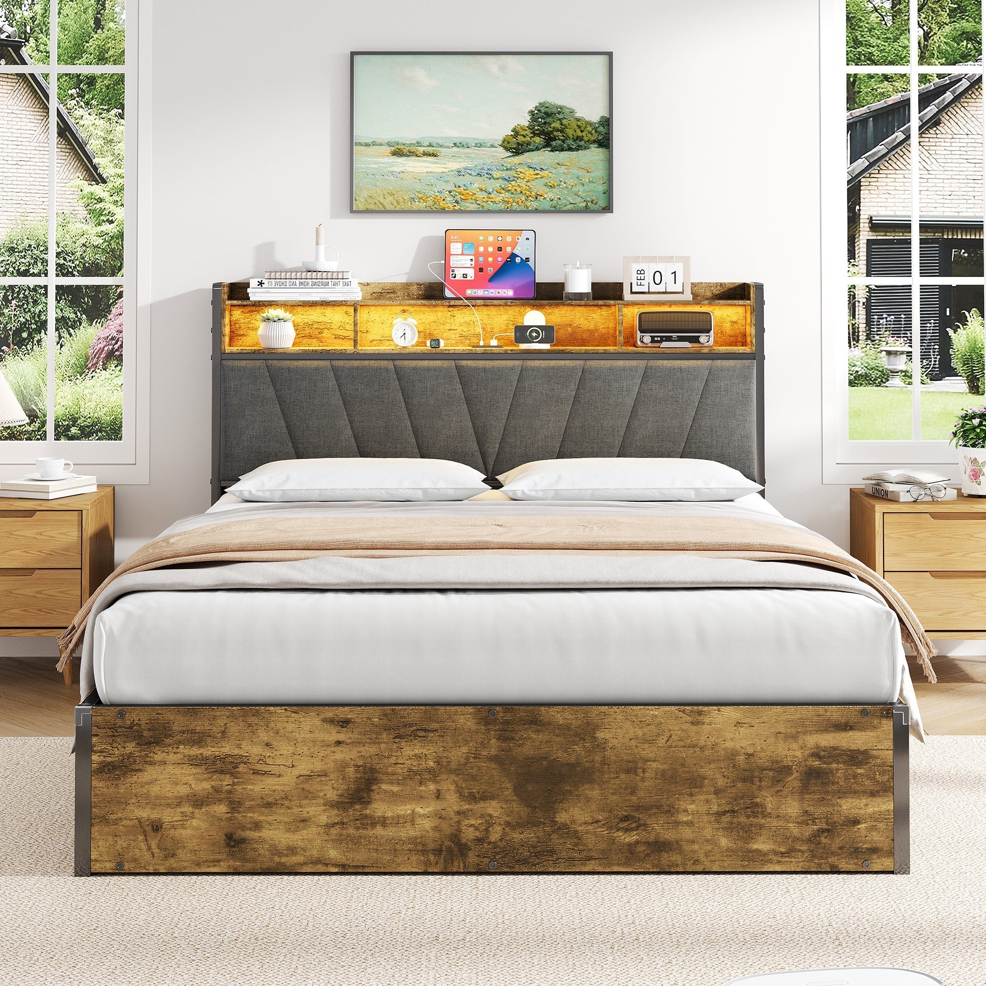Double Bed Frame with Hydraulic Storage, LED Headboard, Black+Walnut