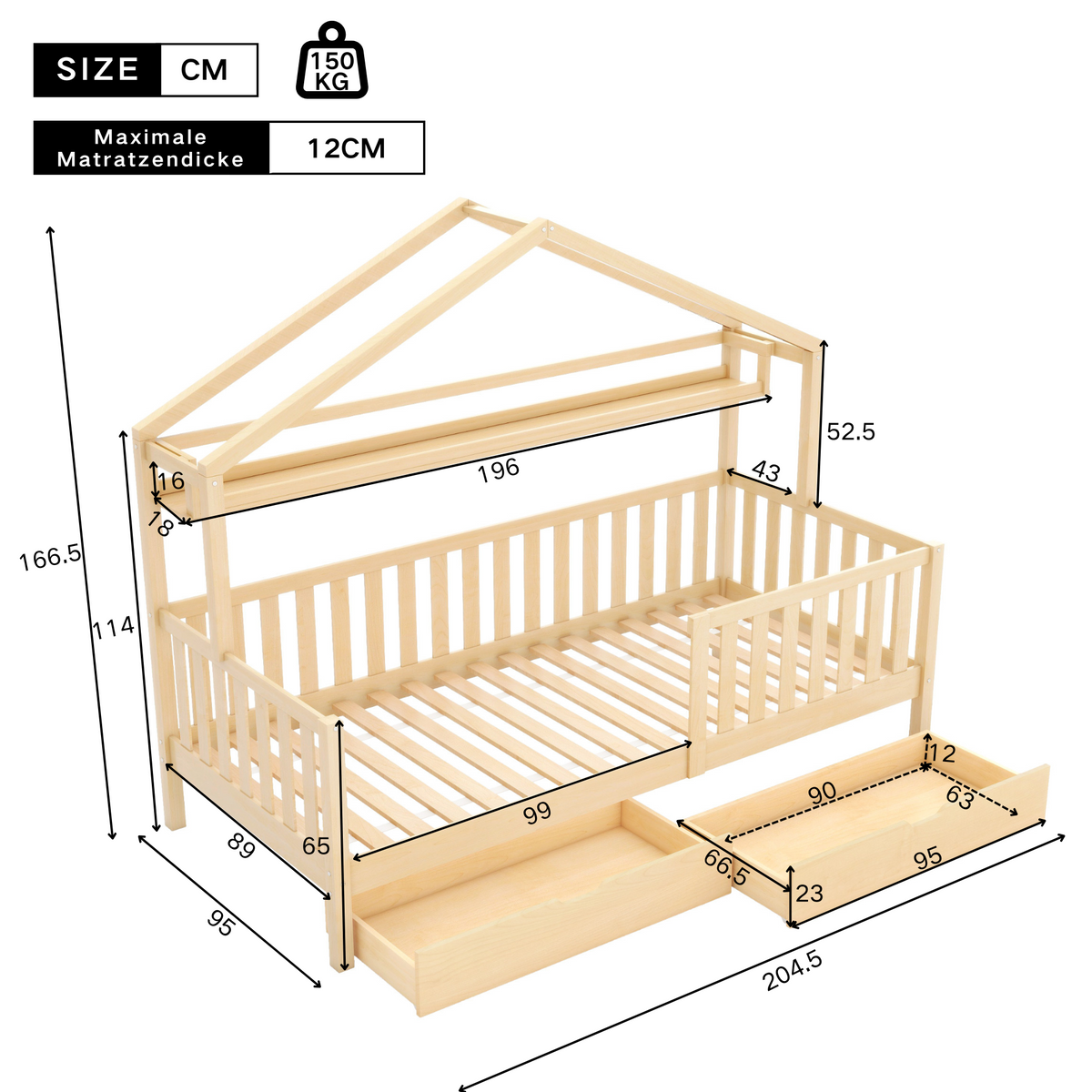 Children's House Wood Natural Bed 90x200cm