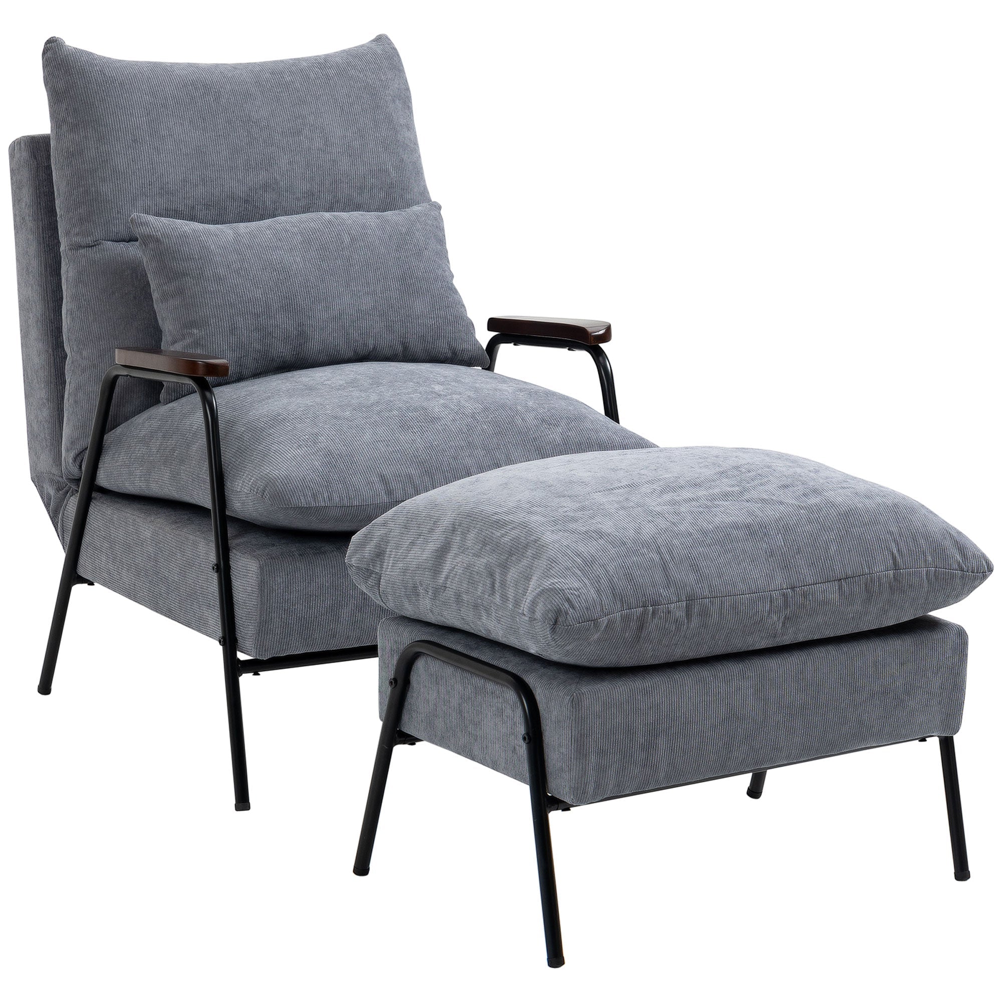 Reclining Armchair with Footstool, Adjustable Backrest Upholstered, Grey