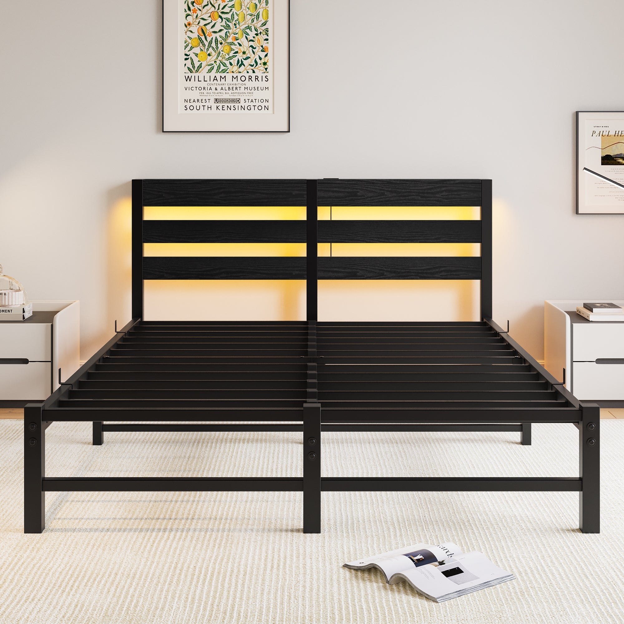 Metal Bed Frame 140x200 with LED Lights, USB Charging & Under-Bed Storage, Metal