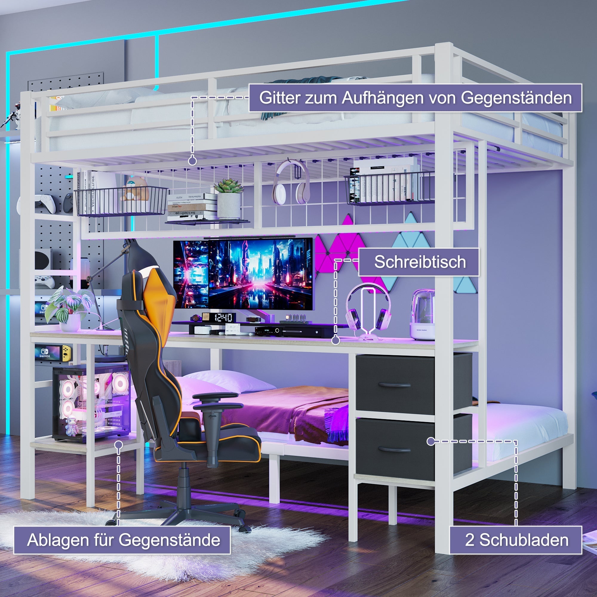 Loft Bed Desk Storage Drawers LED USB - White Iron Frame