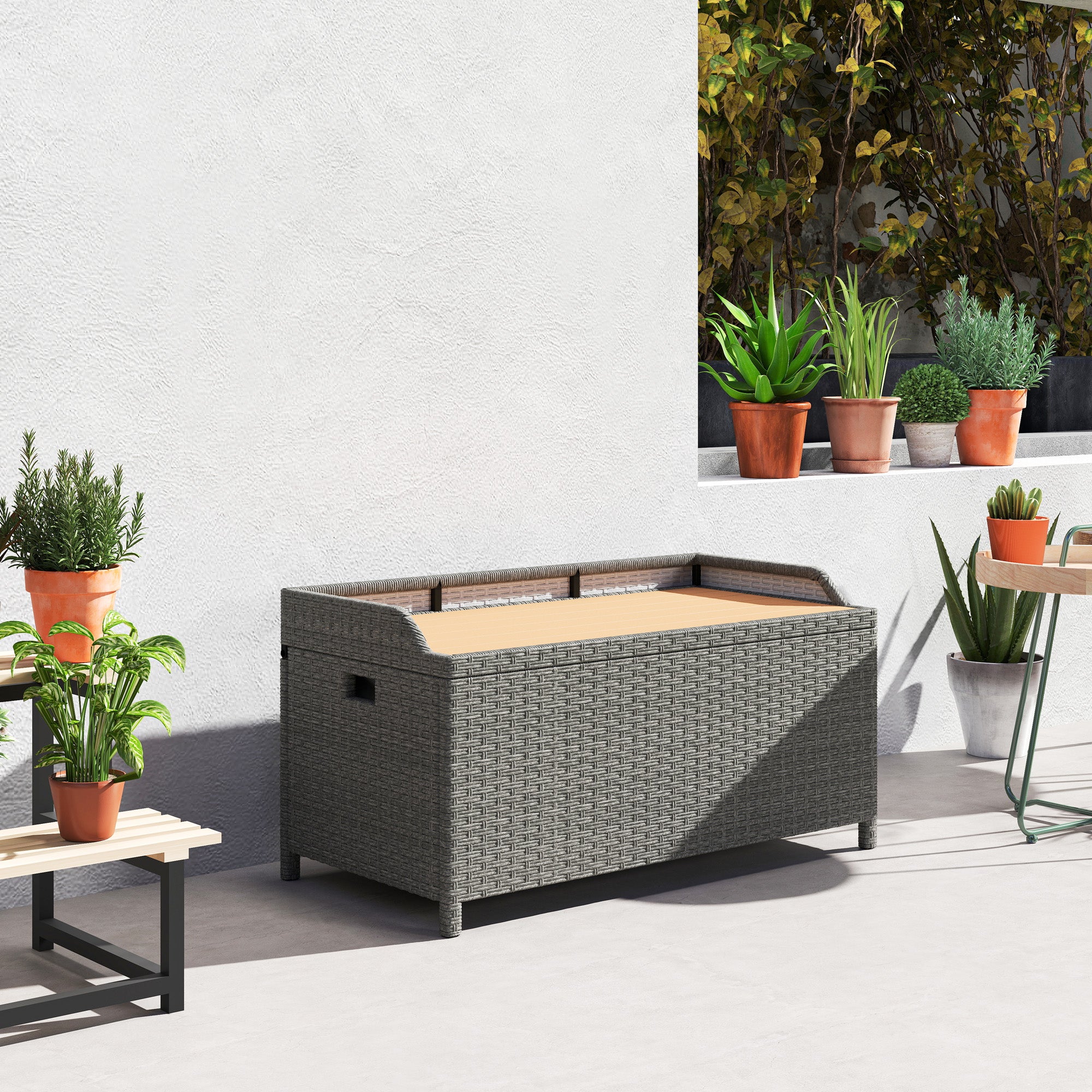 130 L Rattan Garden Storage Box with Seat in Grey