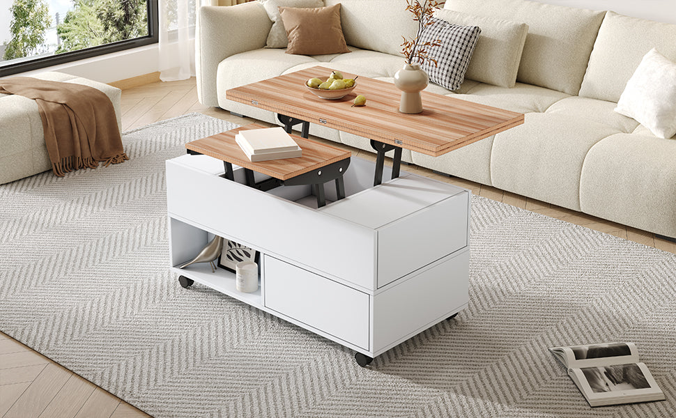 Coffee Table, 100x50x52cm Lift-Top with 4 Wheels & Drawers, White & Wood