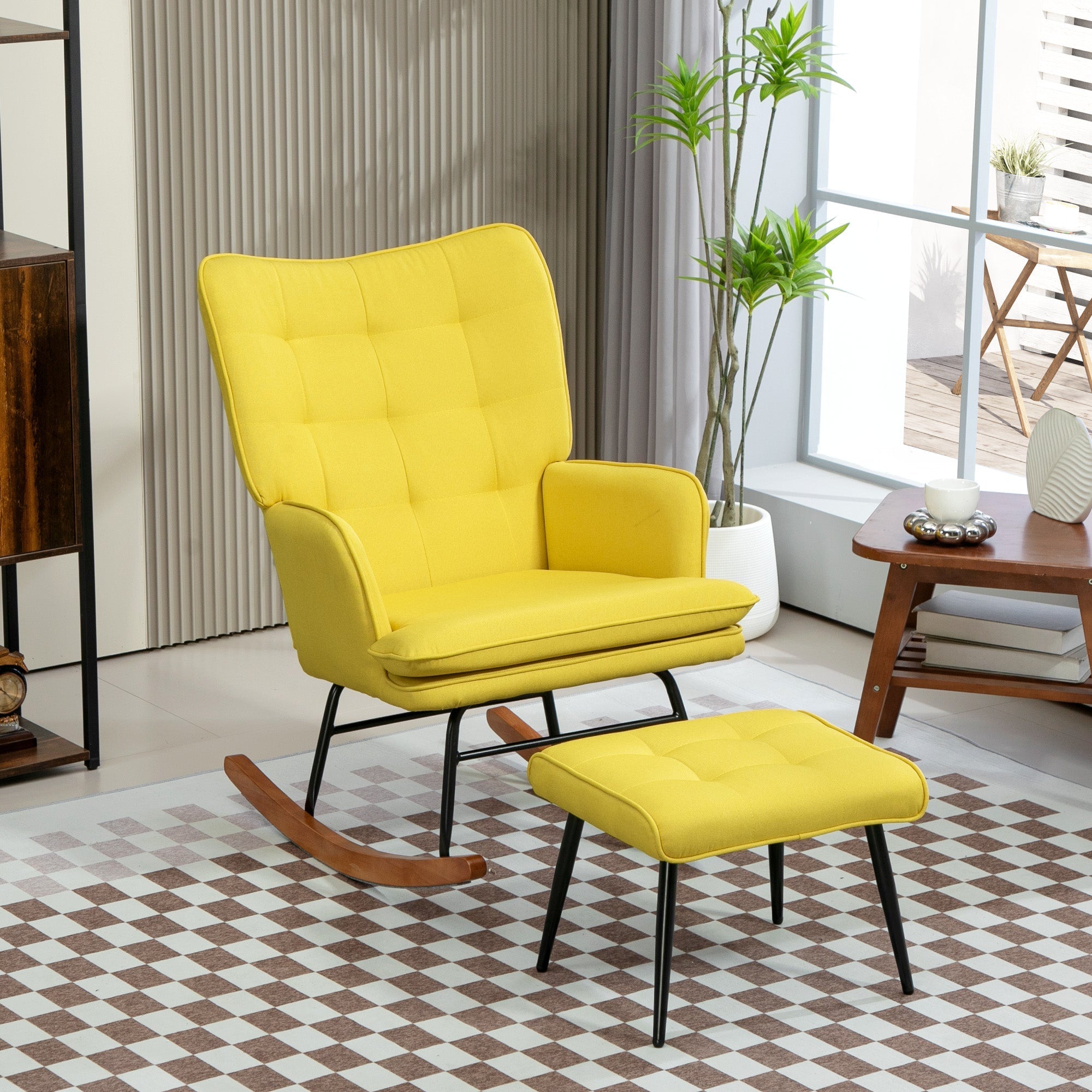 Rocking Chair with Footstool, Relaxing Armchair 130 kg Capacity, Linen Look Beige