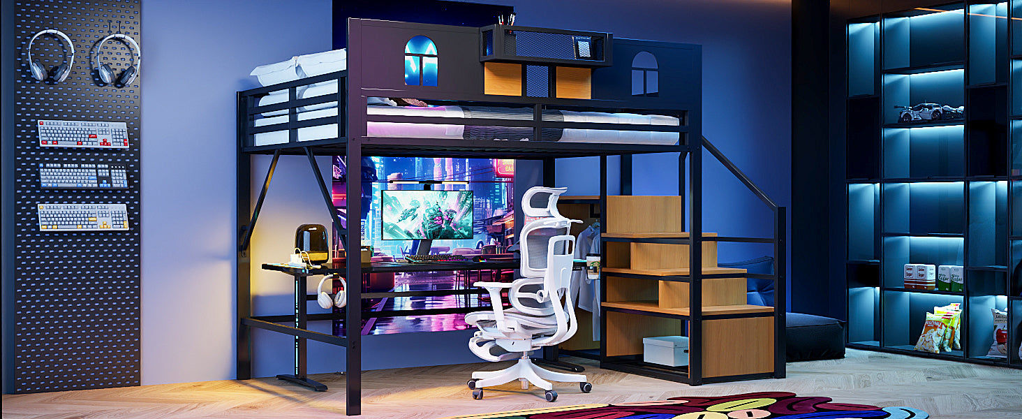 Metal Loft Bed with Storage Ladder & Desk, 140x200cm, Black
