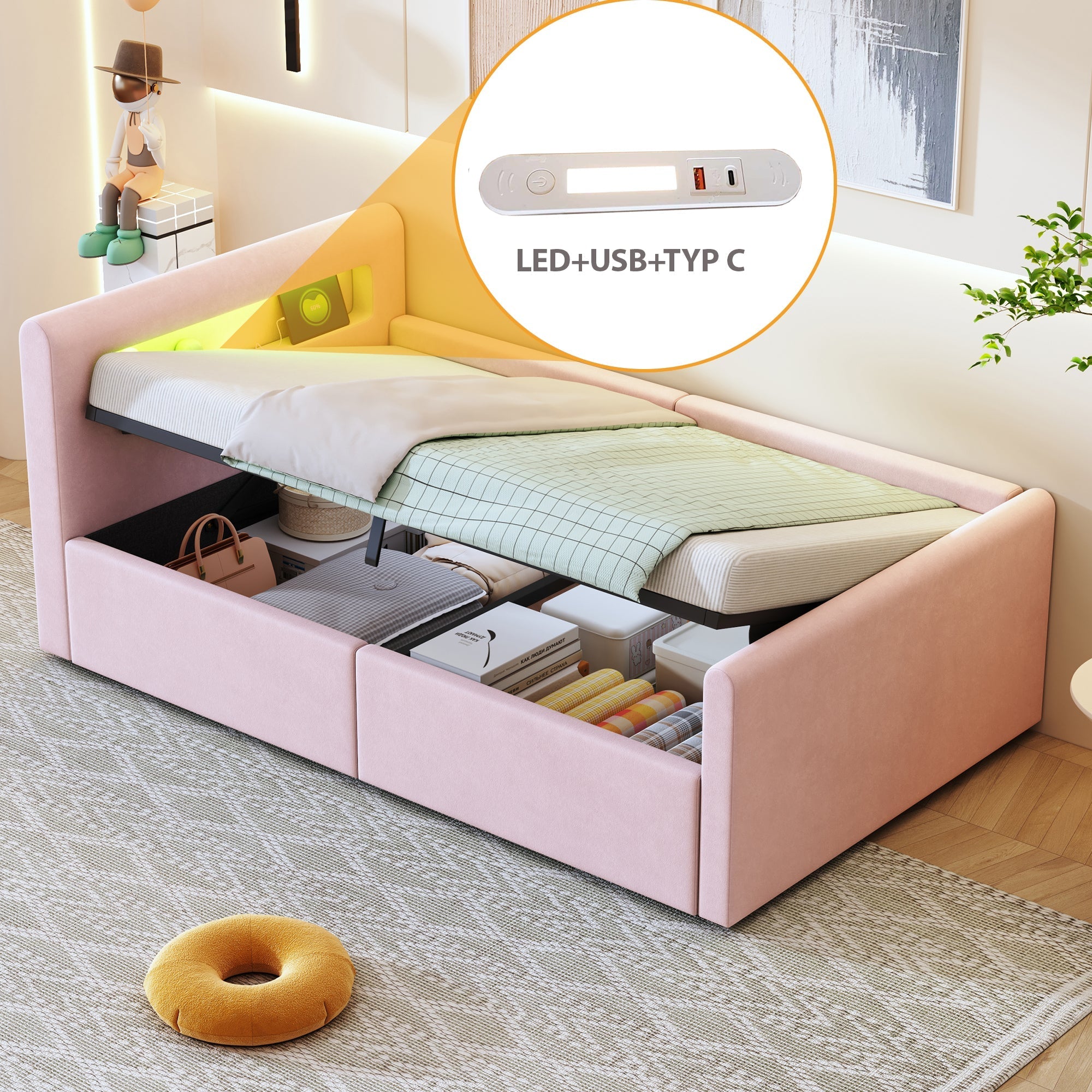 Upholstered Children's Bed 90x200cm LED USB Storage Velvet Pink