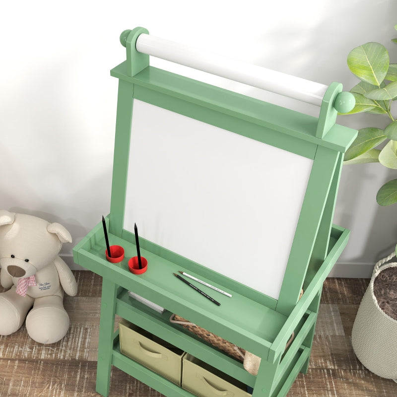 3 in 1 Kids Easel Double-Sided Magnetic Whiteboard Chalkboard with Paper Roll and Storage Baskets, Green Engineered Wood