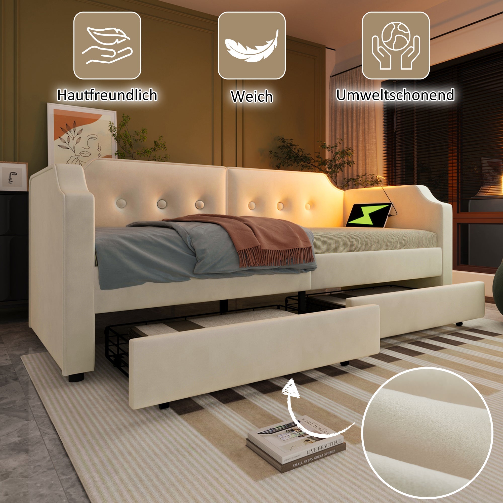 Upholstered Sofa Bed, 90x200 cm, USB Type-C Light, 2 Drawers, Velvet Beige