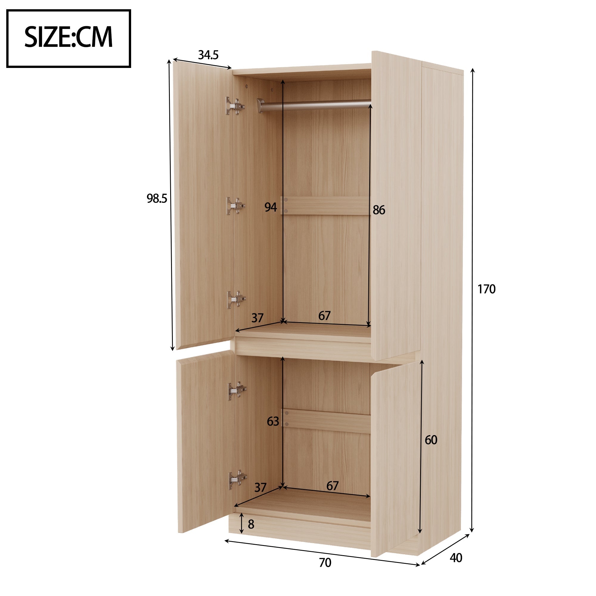Wardrobe Double Door Large Storage 70x40x170cm Wood Color
