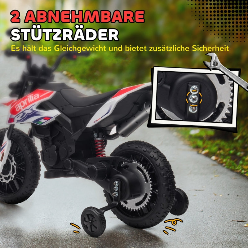 AIYAPLAY Kids' Motorcycle with Training Wheels, LED Lights, Music, USB, 12V, White