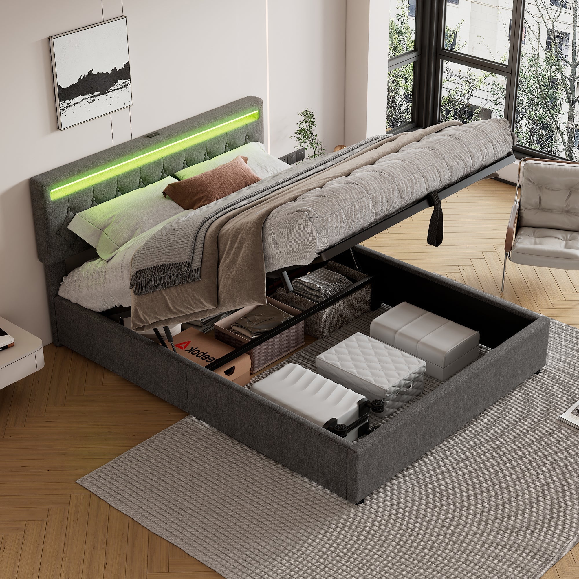 Upholstered Bed 160x200cm Adjustable Height LED Storage USB/Type-C - Grey