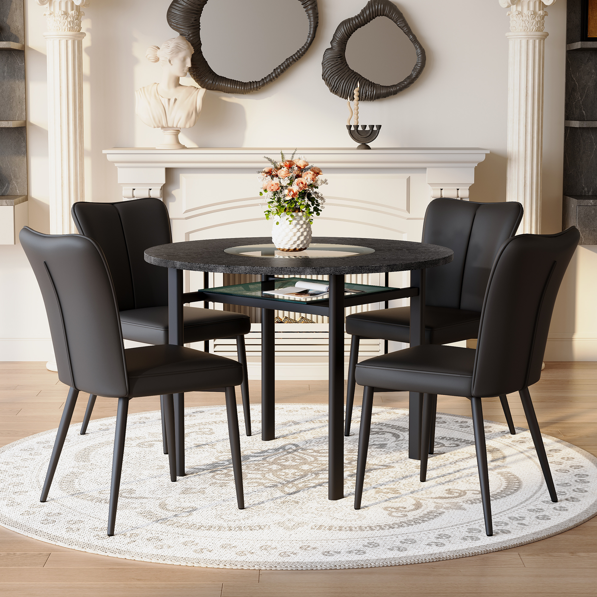 Round Table Set 100cm 4 Armchairs Minimalist - Black