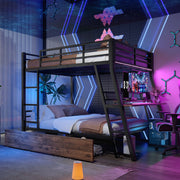 Loft Bed with Desk, LED Strip and Storage Drawers, Black Iron Frame