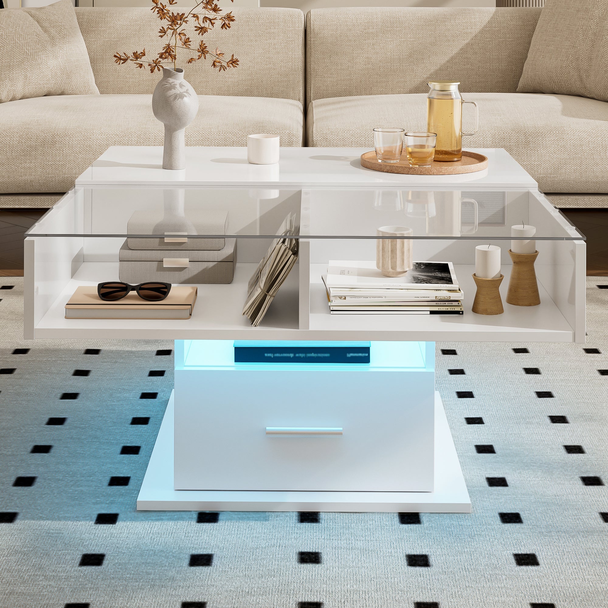 Multifunctional high-gloss lift coffee table with LED lighting, adjustable height & flexible storage space, modern design