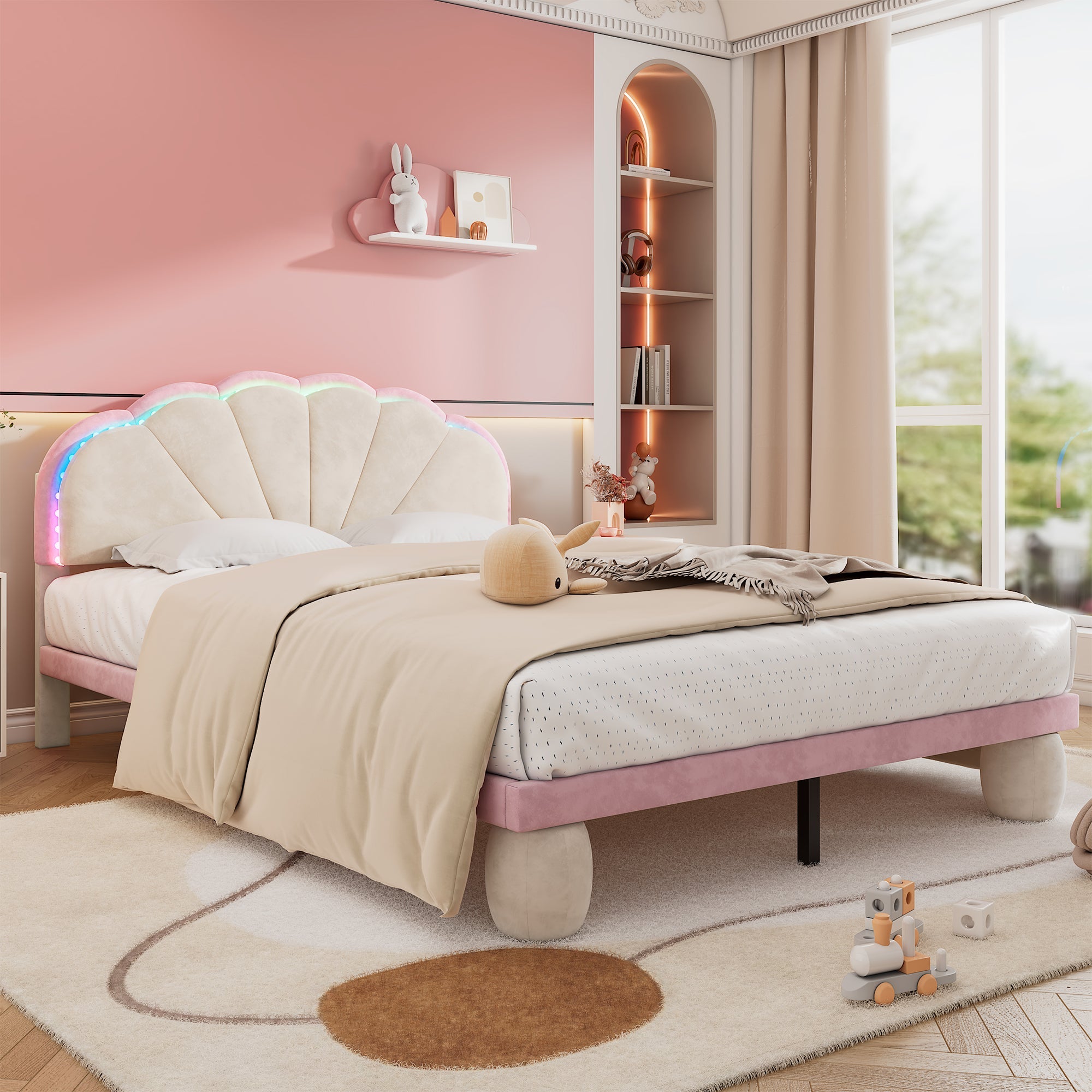 Upholstered Bed with Light Stripes, Scalloped Headboard & Round Legs, Velvet Beige+Pink