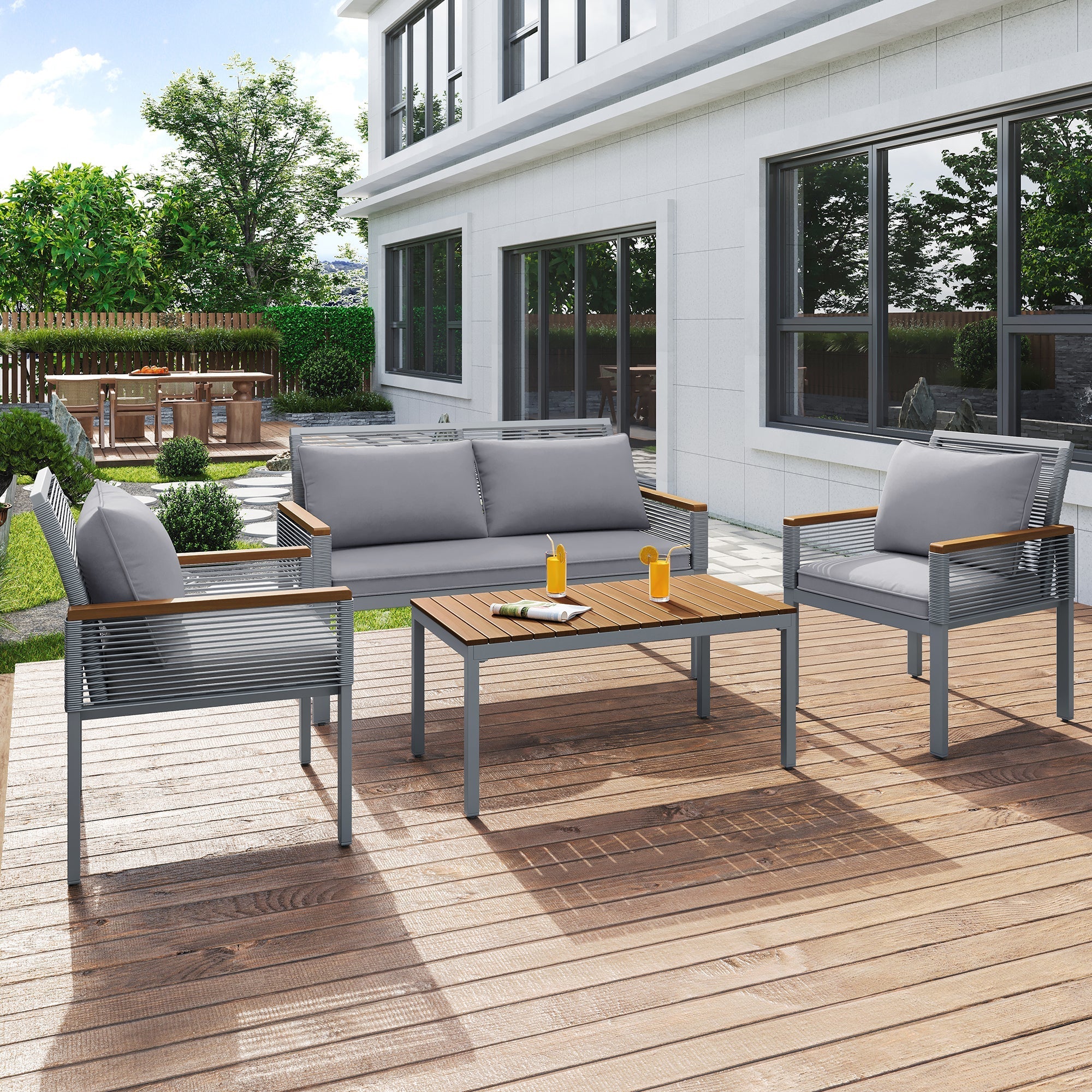 Garden Lounge Set with Comfortable Cushions, Double Sofa, 2 Armchairs and Table, Rattan, Grey