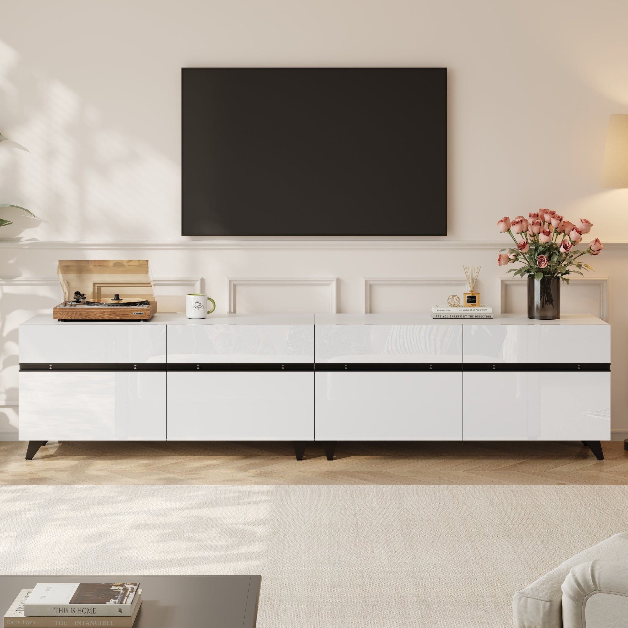 TV Cabinet High-Gloss Lowboard 4 Cabinets Adjustable Dividers 180x40x49cm