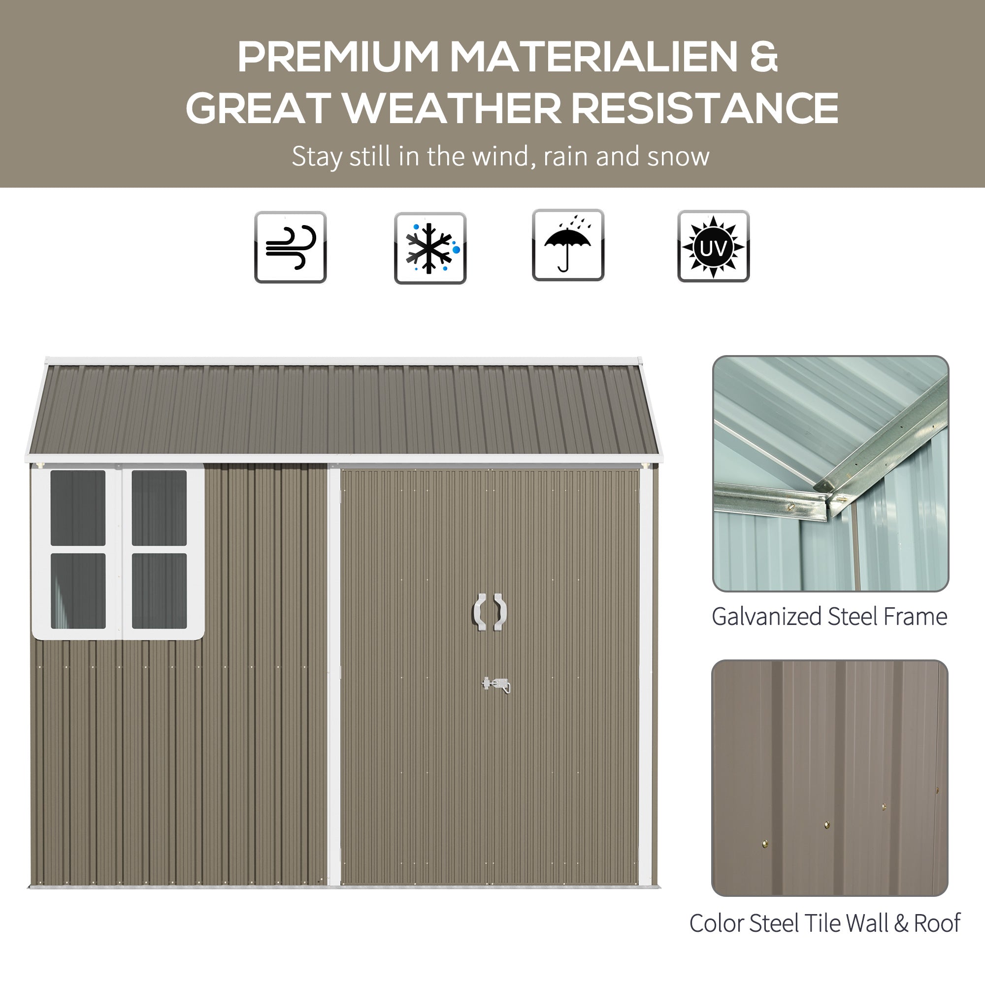 8 x 6 ft Galvanised Garden Shed with Double Doors and Air Vents, Grey