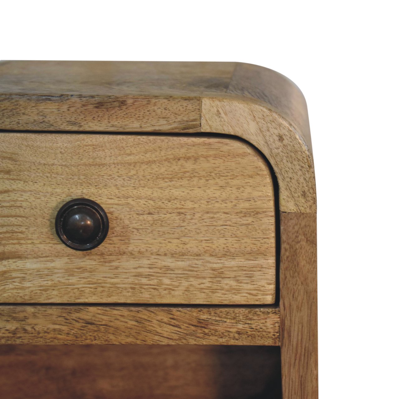 Bedside Cabinet - Extra Mini Curved with Open Slot, Drawer, and Shelf - Solid Wood Brown