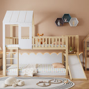 Bunk Bed with Ladder, Slide, Roof & Window, Pine Wood, Natural + White