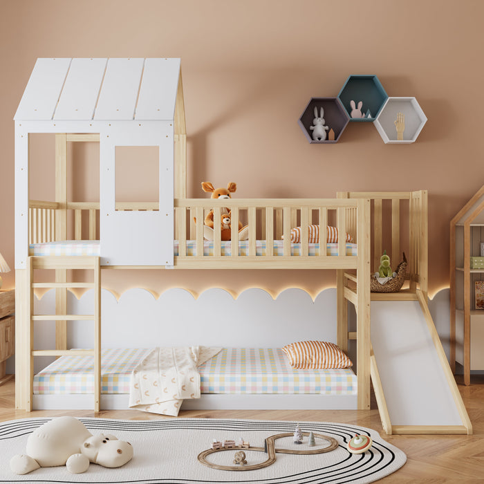 Bunk Bed with Ladder, Slide, Roof & Window, Pine Wood, Natural + White