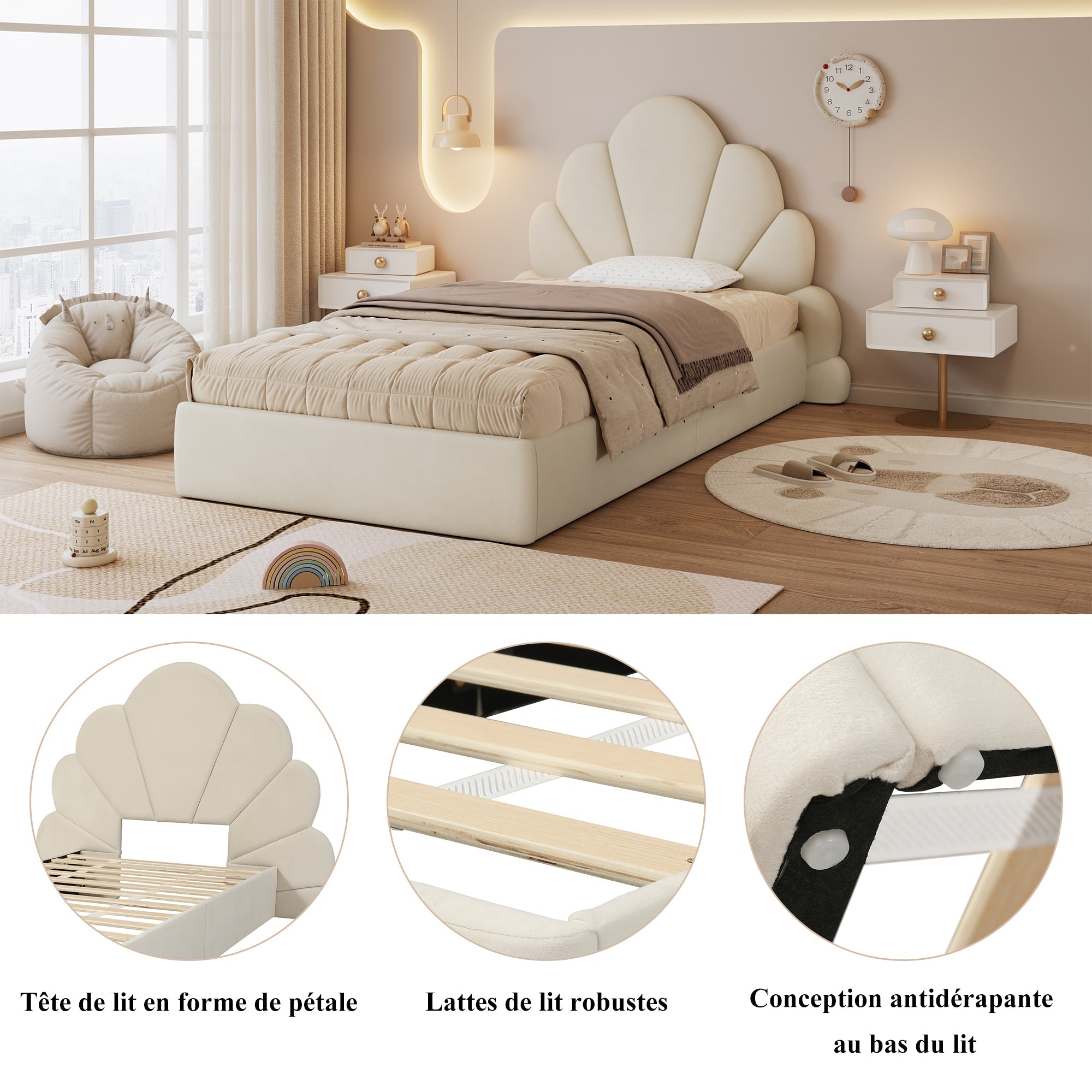 Single Upholstered Bed Curved Petal Headboard 90x200cm, Beige Velvet