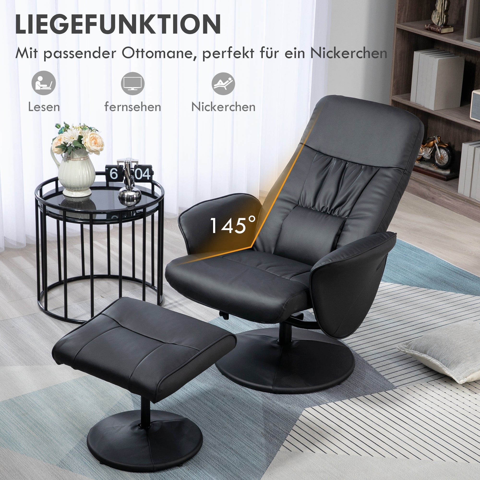 Relaxliegesessel mit Hocker, drehbarer gepolsterter Fernsehsessel, Kunstleder, Schwarz