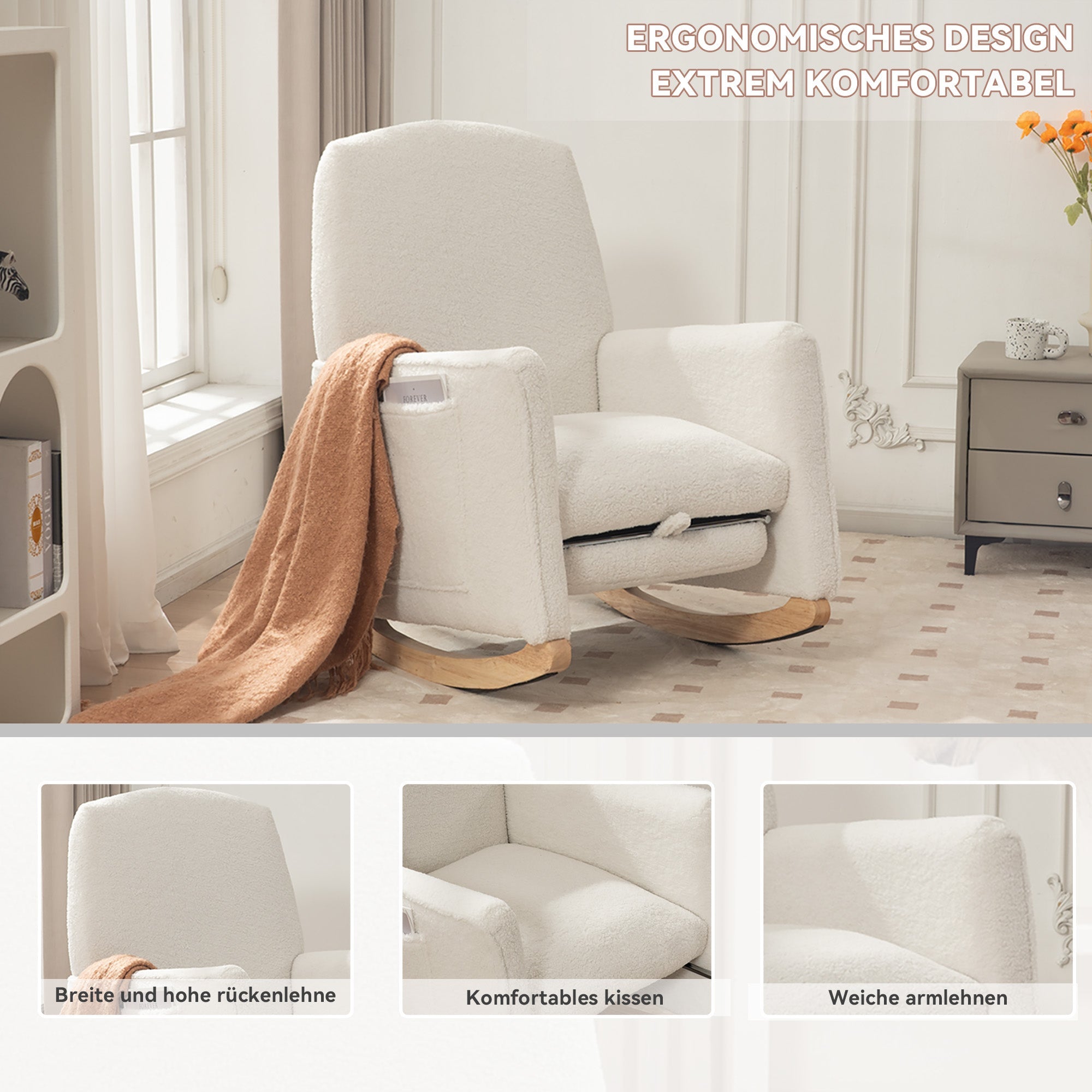 044 Rocking Chair with Stool, Recliner, High Back, White Teddy Fabric
