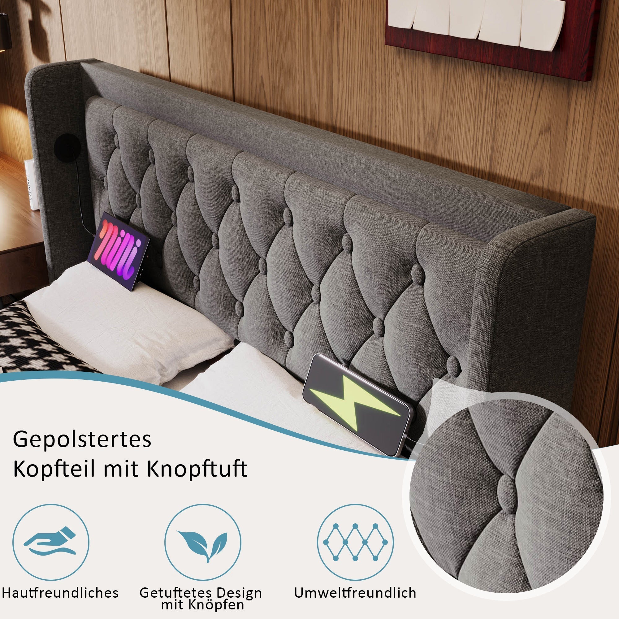 Upholstered Bed Double 140x200 cm, Hydraulic Storage, USB-C Charging, 3-Sided LED, Gray Cotton