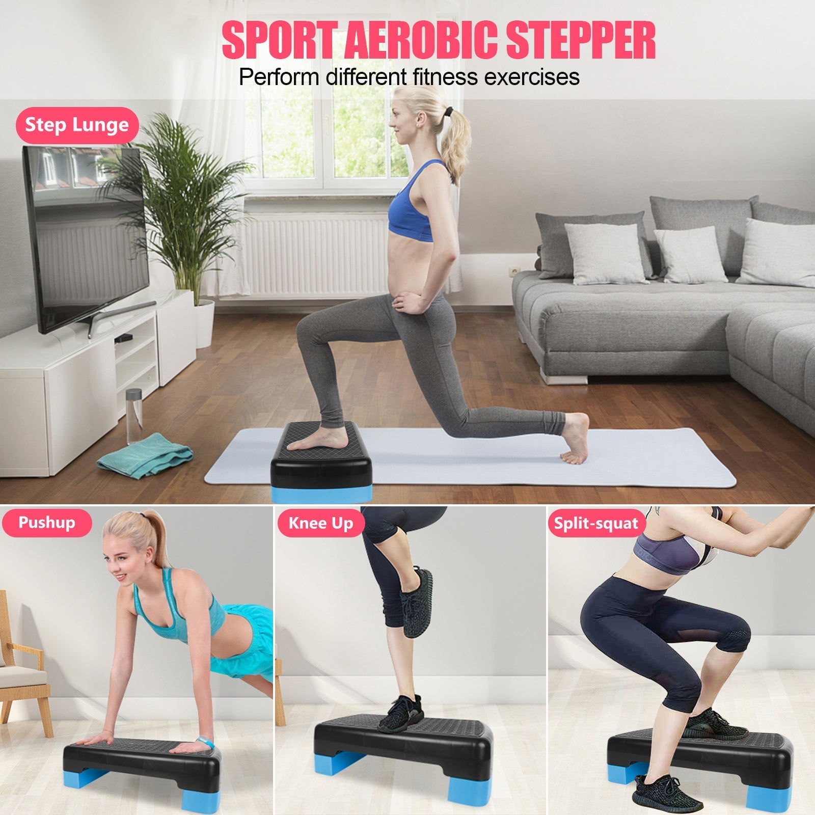 Aerobic Fitness Step Platform, Height Adjustable 10-15cm with Storage, Blue