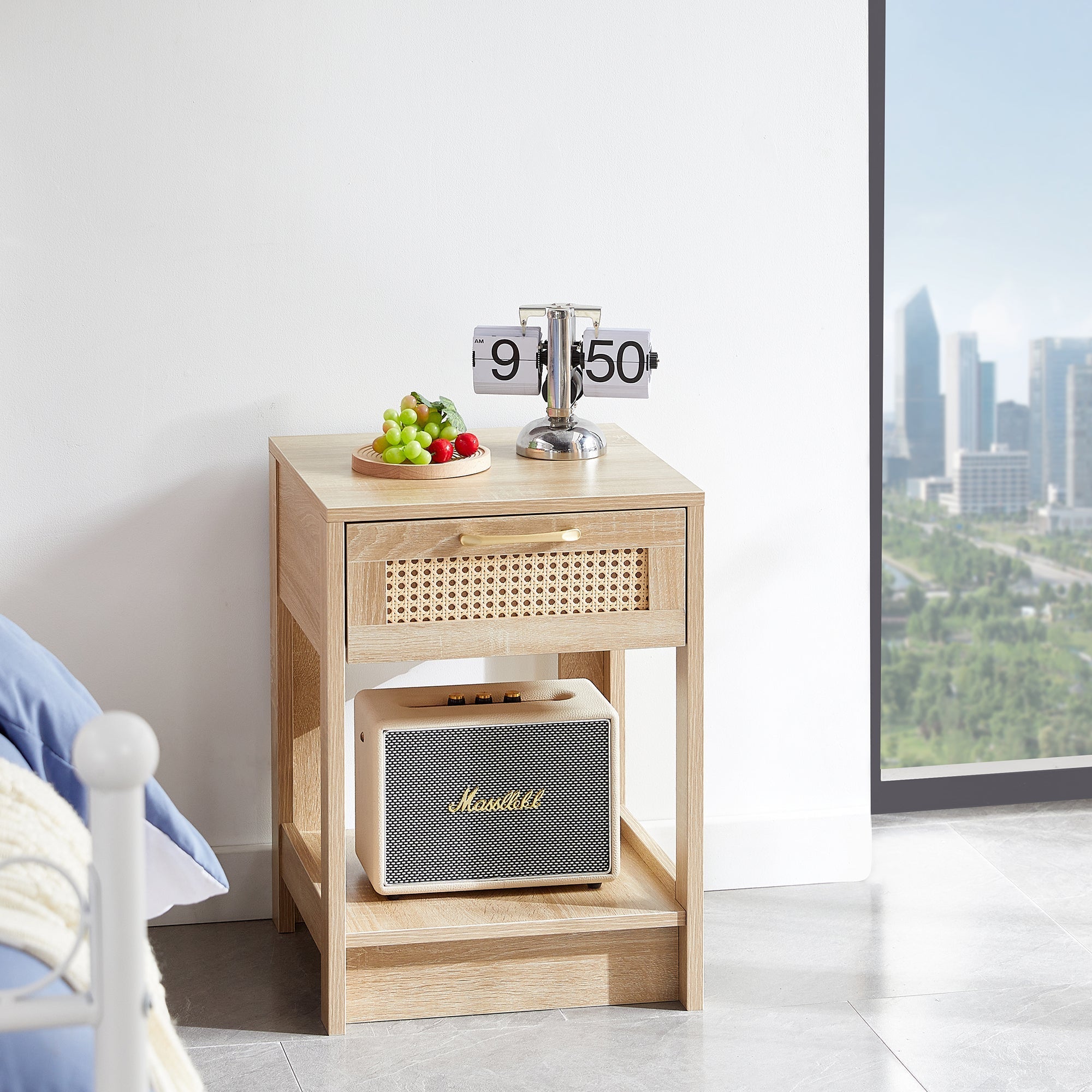 Rattan Side Table with Drawer H55xW40xD40cm Natural Wood Look