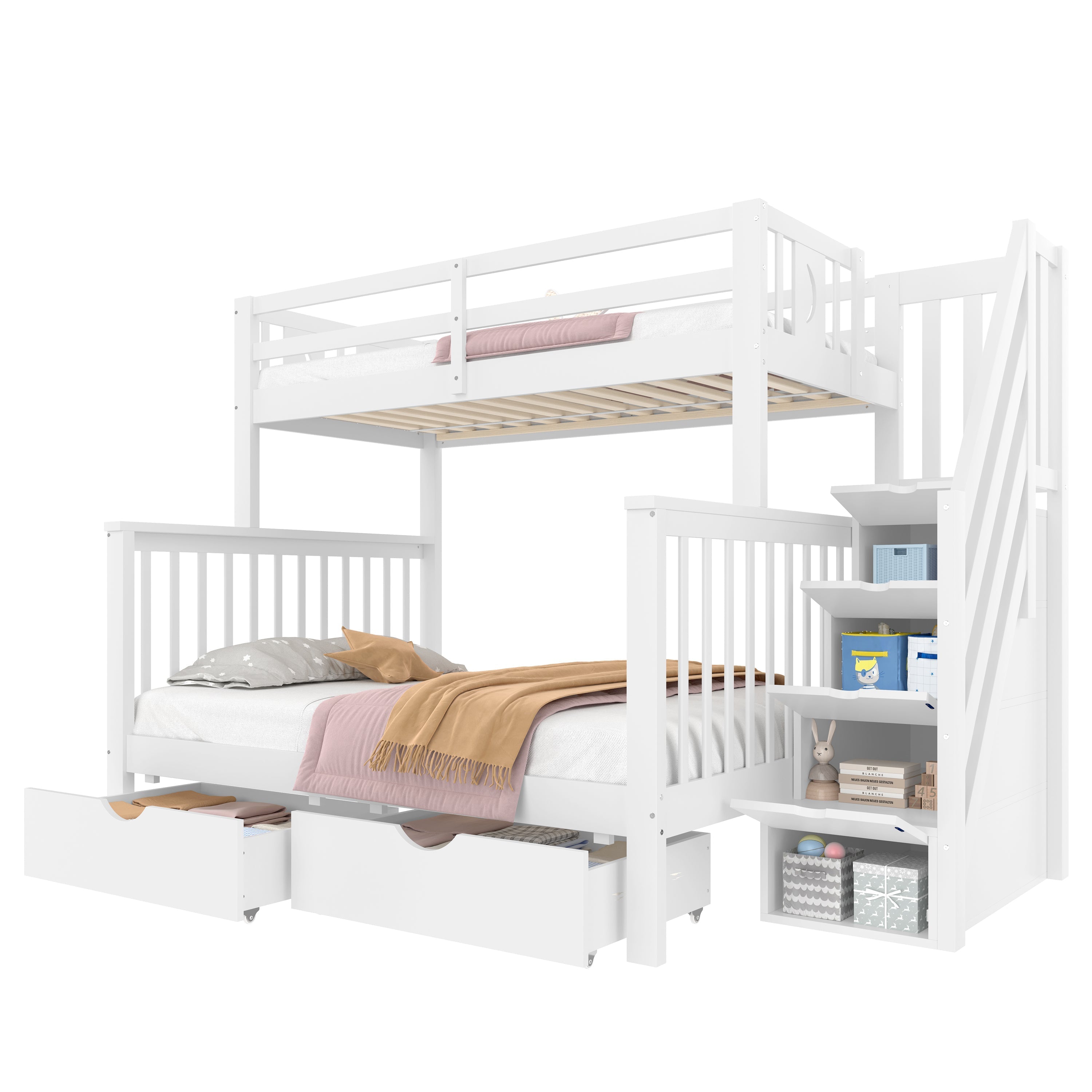 Bunk Beds for Kids, Double High Sleeper Frame with Storage & Guardrail, White
