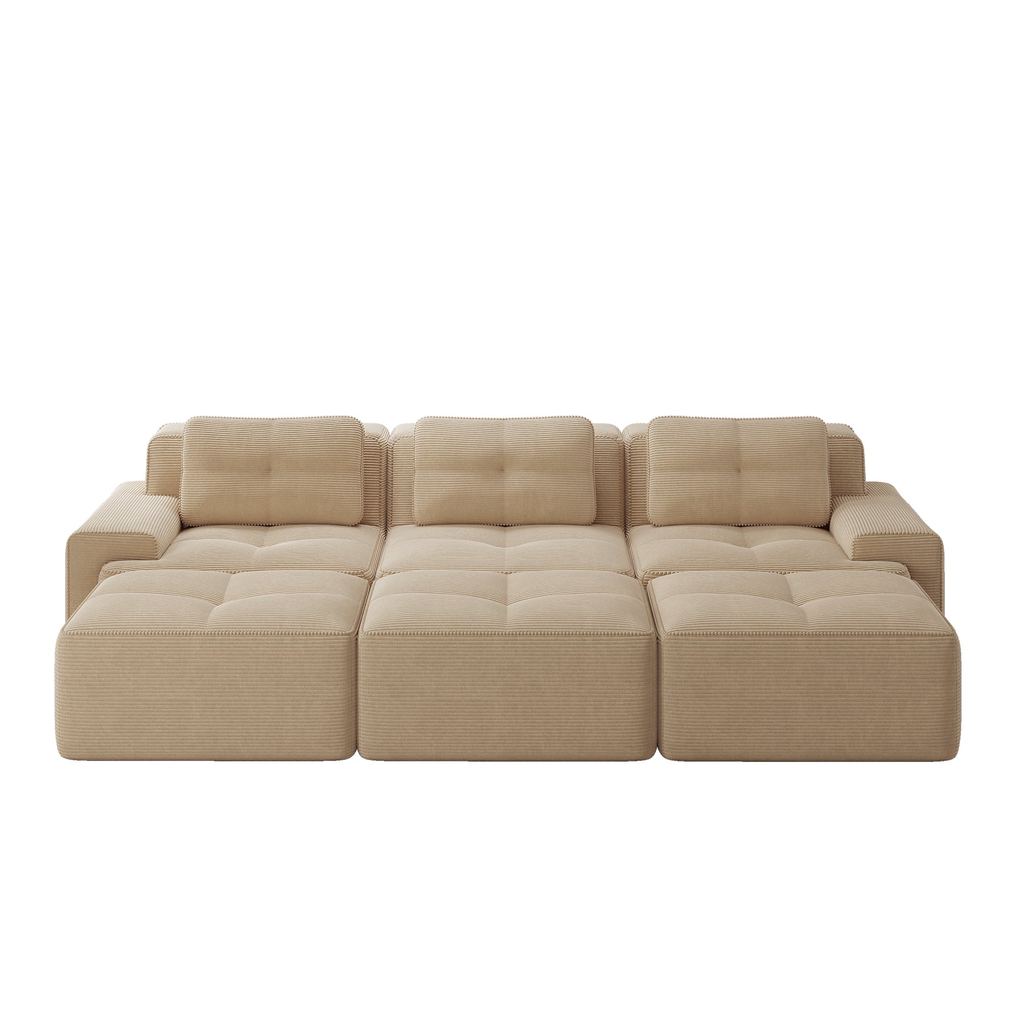 Frameless Modular Corner Sofa Sleeping Function 3 Ottomans - Corduroy Beige