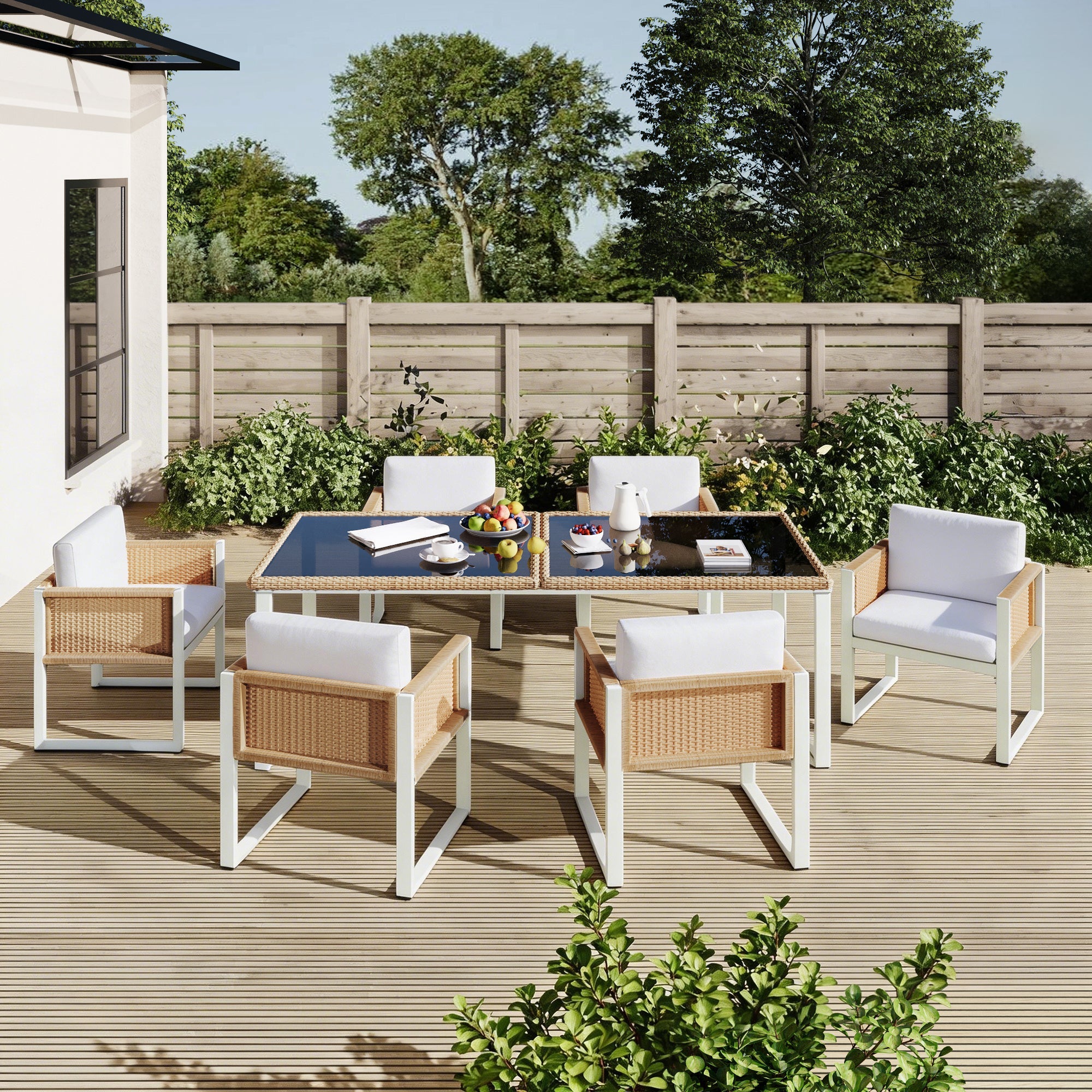 Garden Dining Set, 6-Person Table and Chairs with Washable Covers, Polyrattan