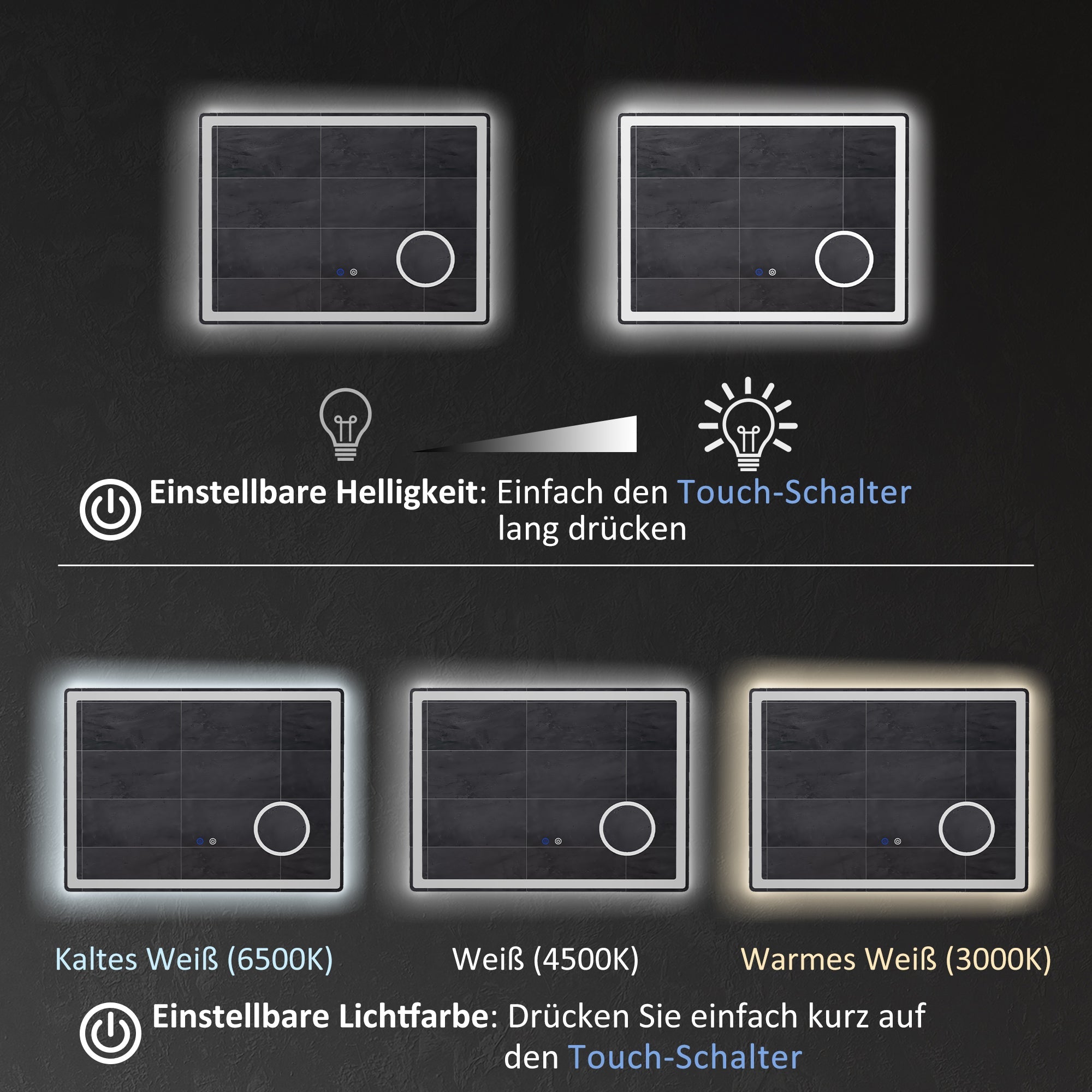 kleankin Bathroom Mirror, LED 3x Magnification Touch, Fog-Free, Silver