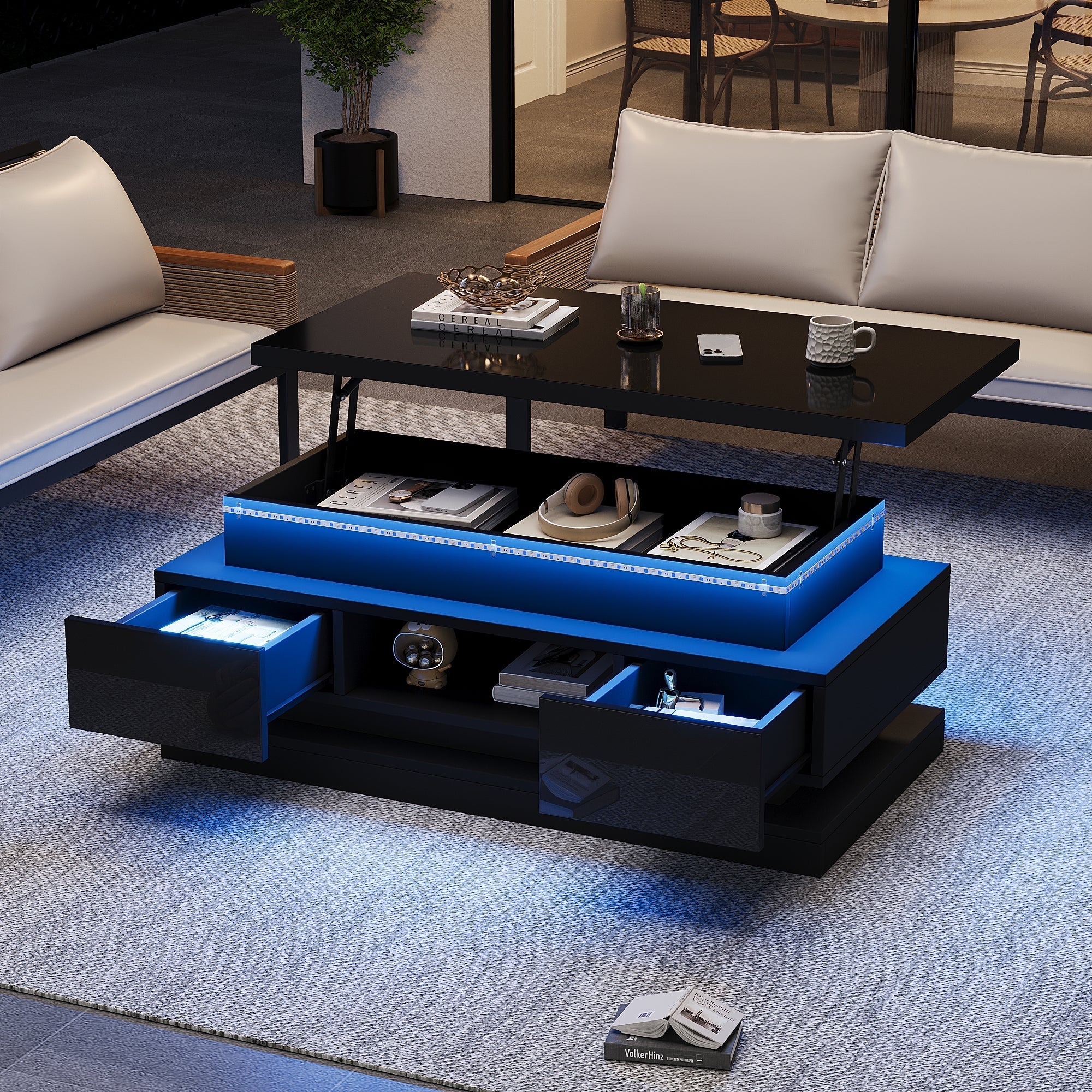 Lift-Top Coffee Table High-Gloss with LED Lighting 2 Drawers Hidden Storage Black Chipboard