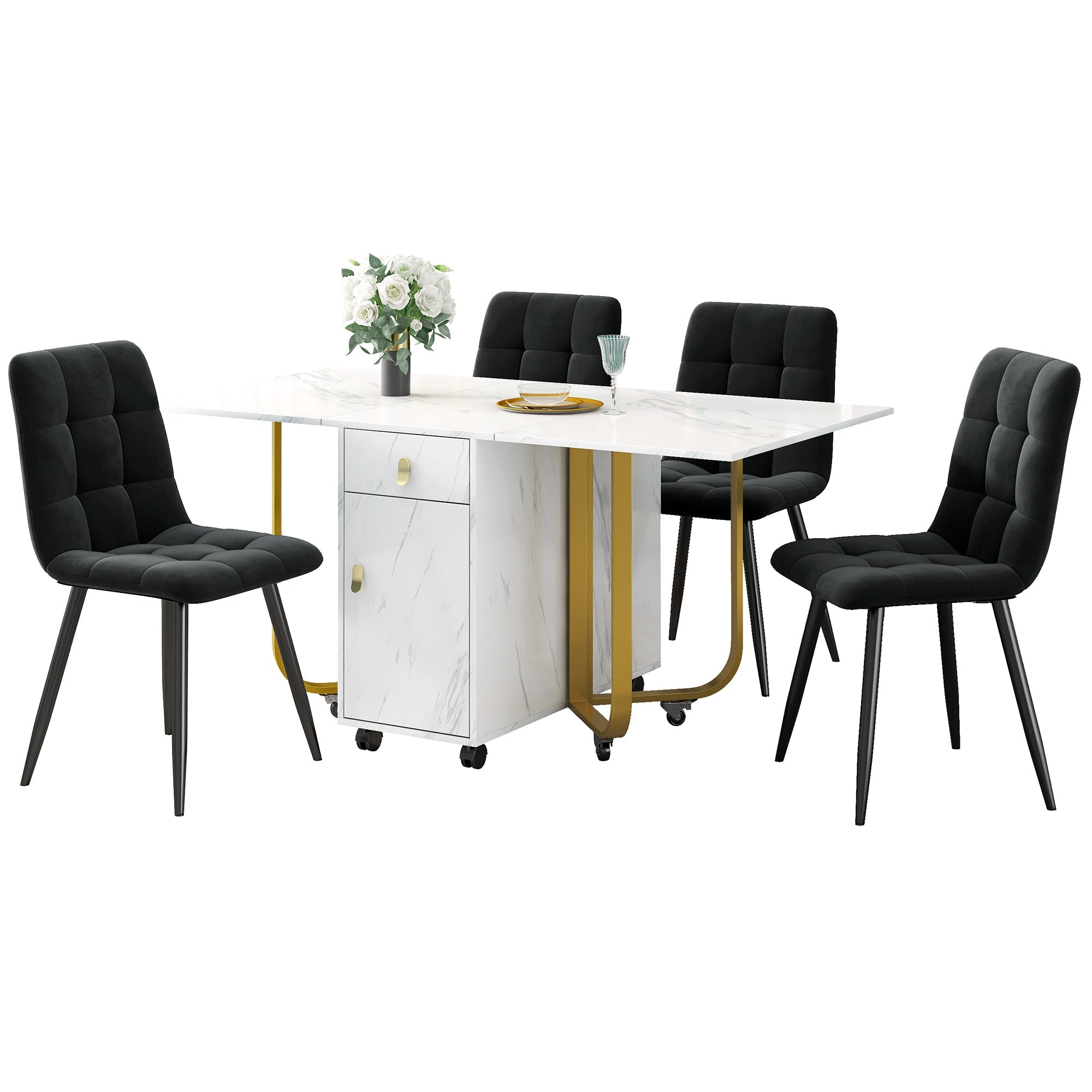 Dining Set, 4-Chair Folding Kitchen Table, Velvet Chairs, White MDF & Black Legs