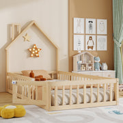 House Bed with Chimney Shape and Slatted Base, 90x200cm, Natural Pine Wood