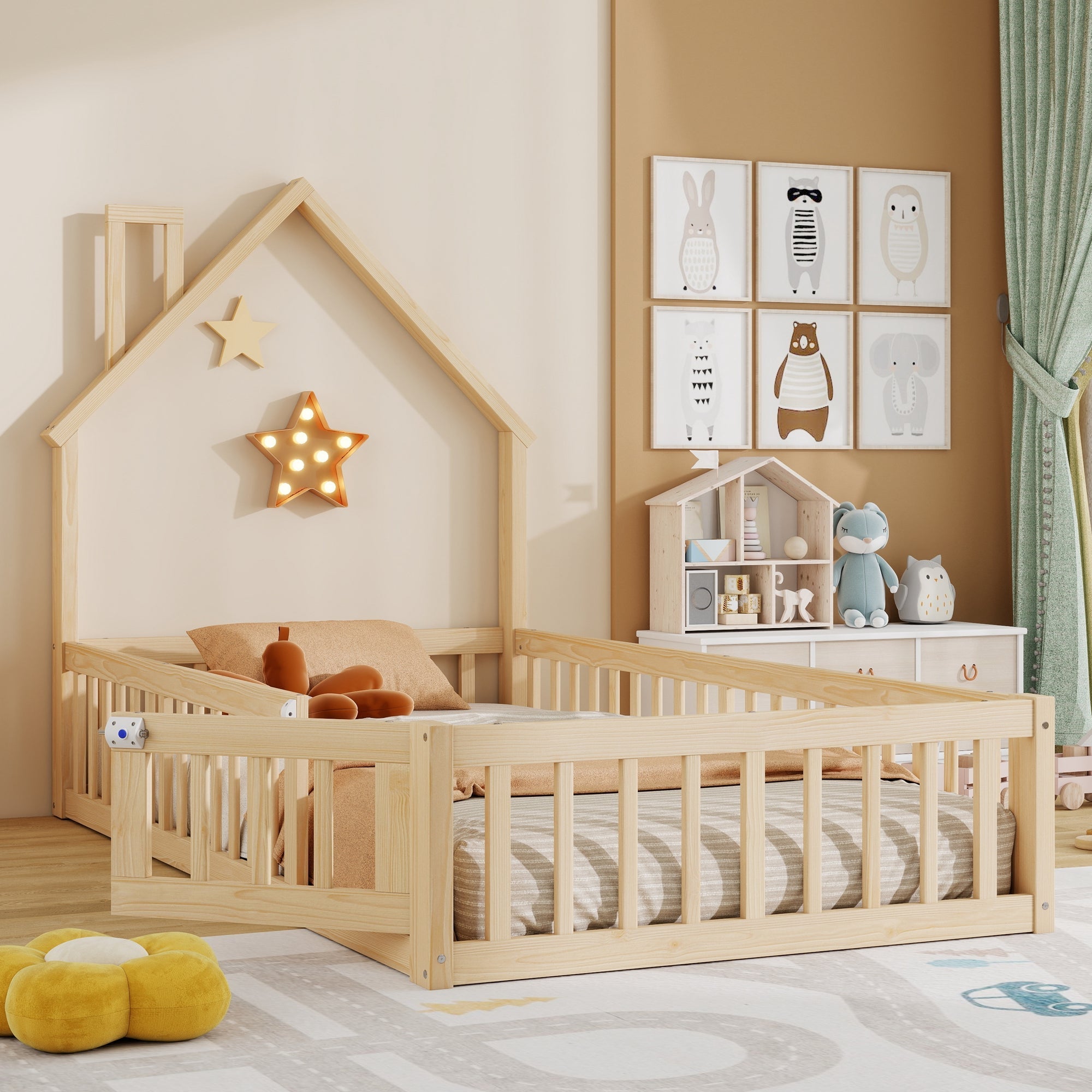 House Bed with Chimney Shape and Slatted Base, 90x200cm, Natural Pine Wood