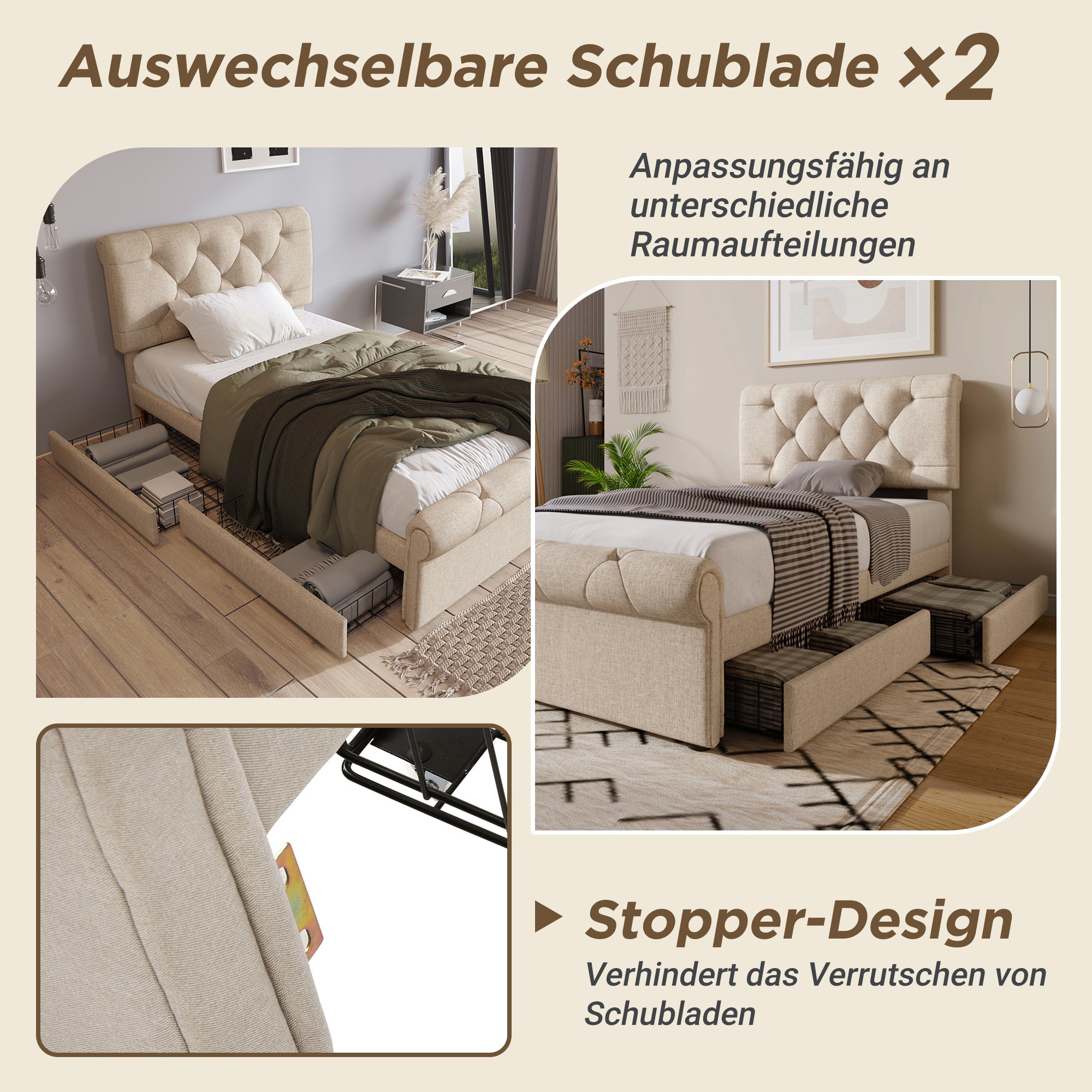 Single Upholstered Bed, 90x200cm, 2 Drawers, Adjustable Headboard, Chesterfield, Natural