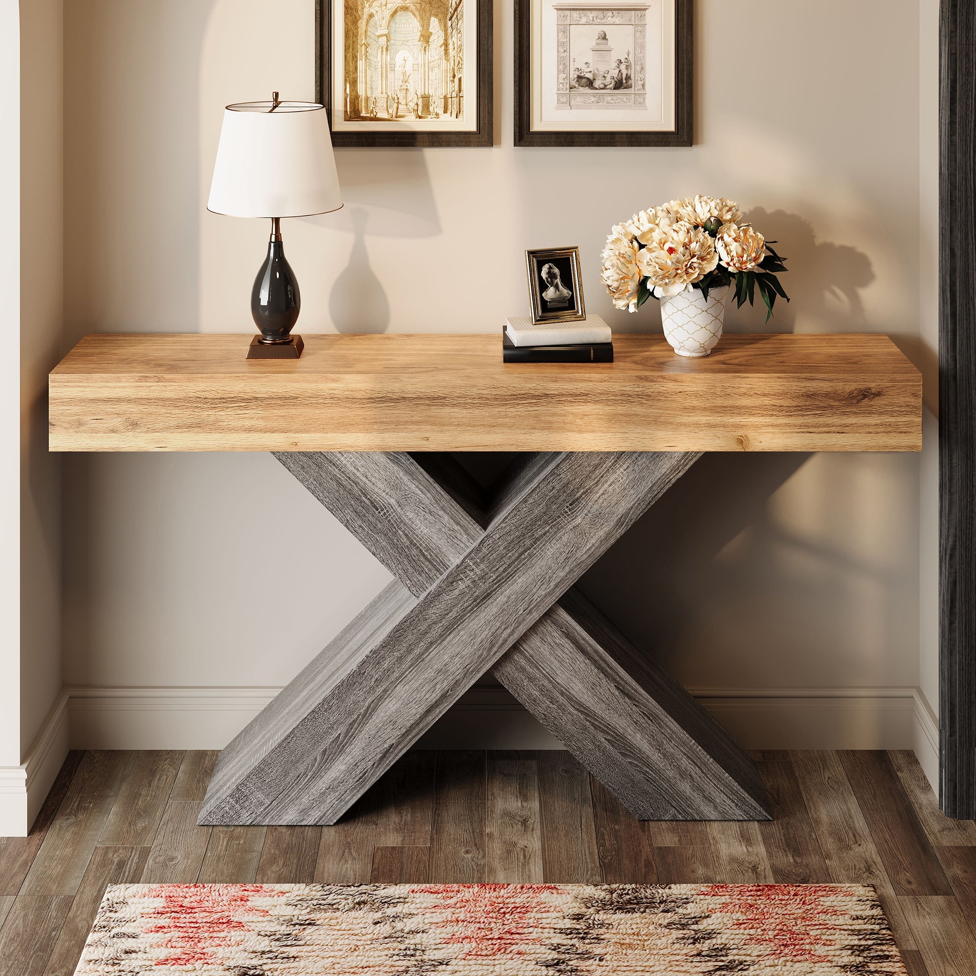 Console Table with X-shaped Legs, Narrow Design for Hallway and Living Room, Wood Look Chipboard