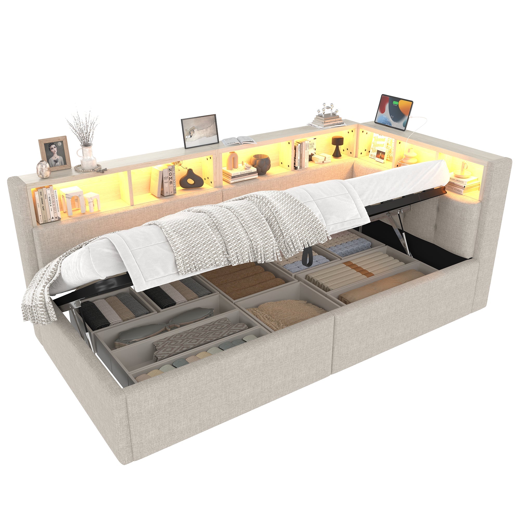Daybed with USB Ports, Hydraulic Storage and LED, 90x200cm, Beige Linen