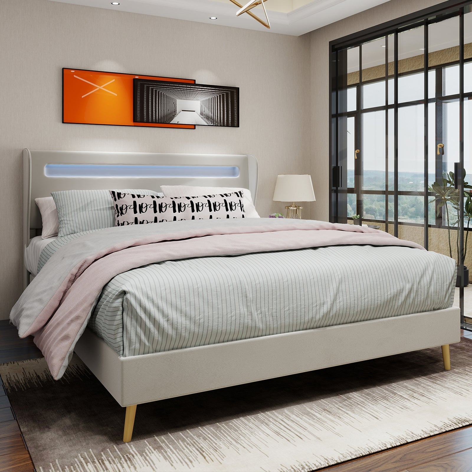 Upholstered Bed, Modern Minimalist with LED Headboard, 140x200 cm, Beige