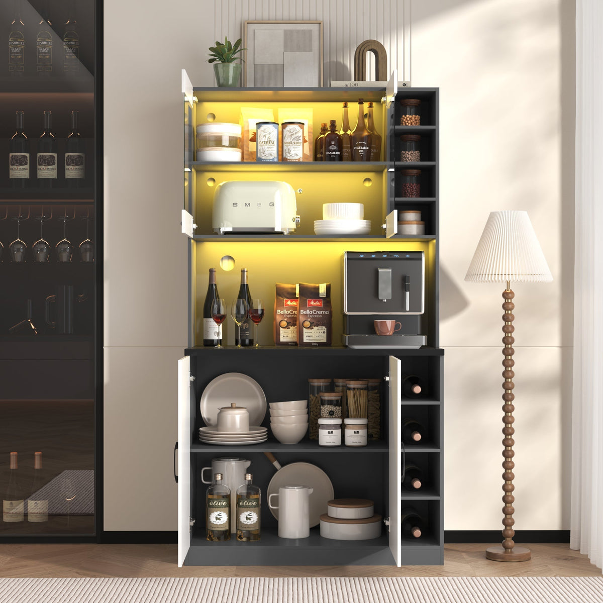 Kitchen Highboard Buffet 100x47x187cm LED Lighting Microwave Adjustable Shelves - Wooden