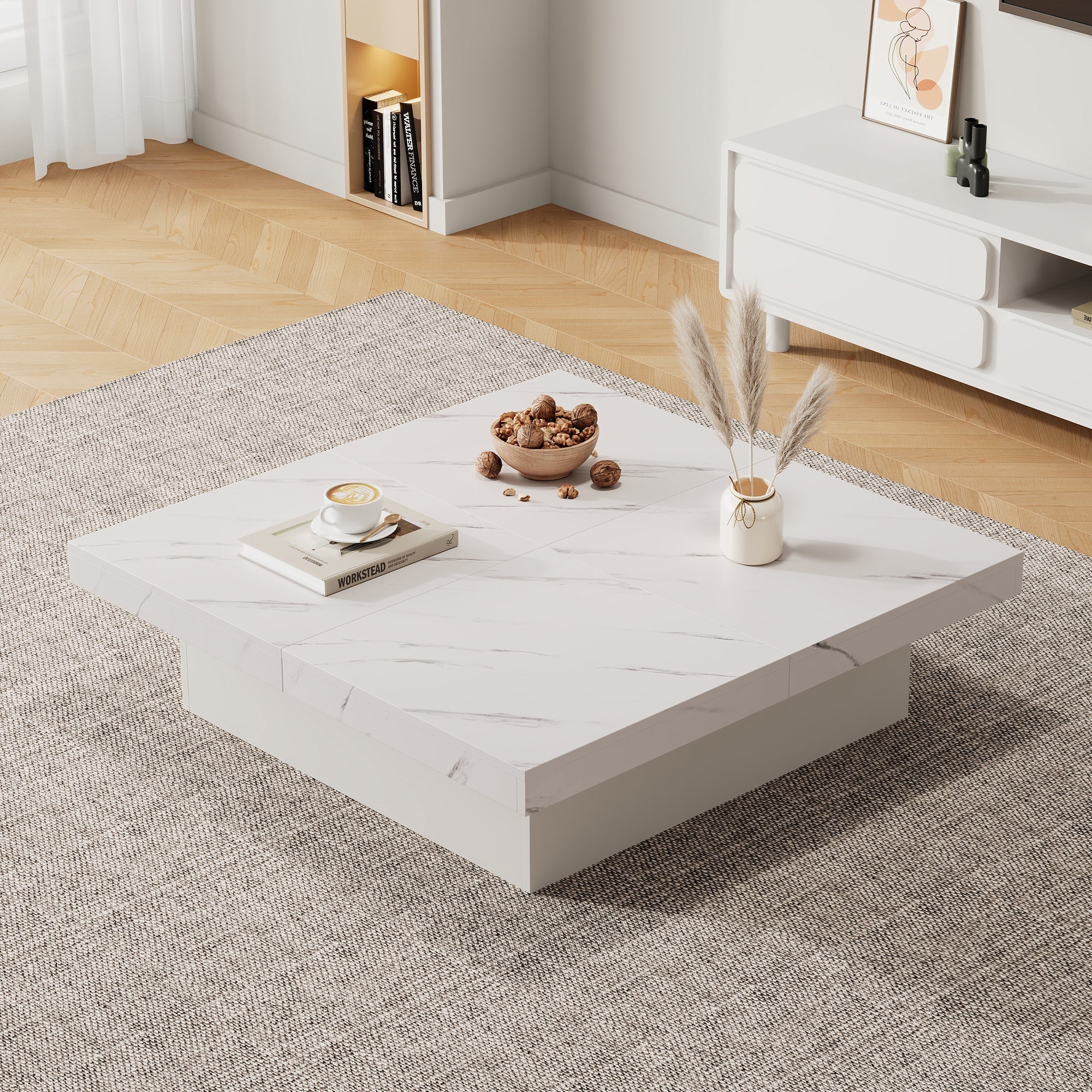 Modern white square coffee table, 90 x 90 x 25 cm with four drawers, sliding tabletop, 30 kg load capacity, marble look